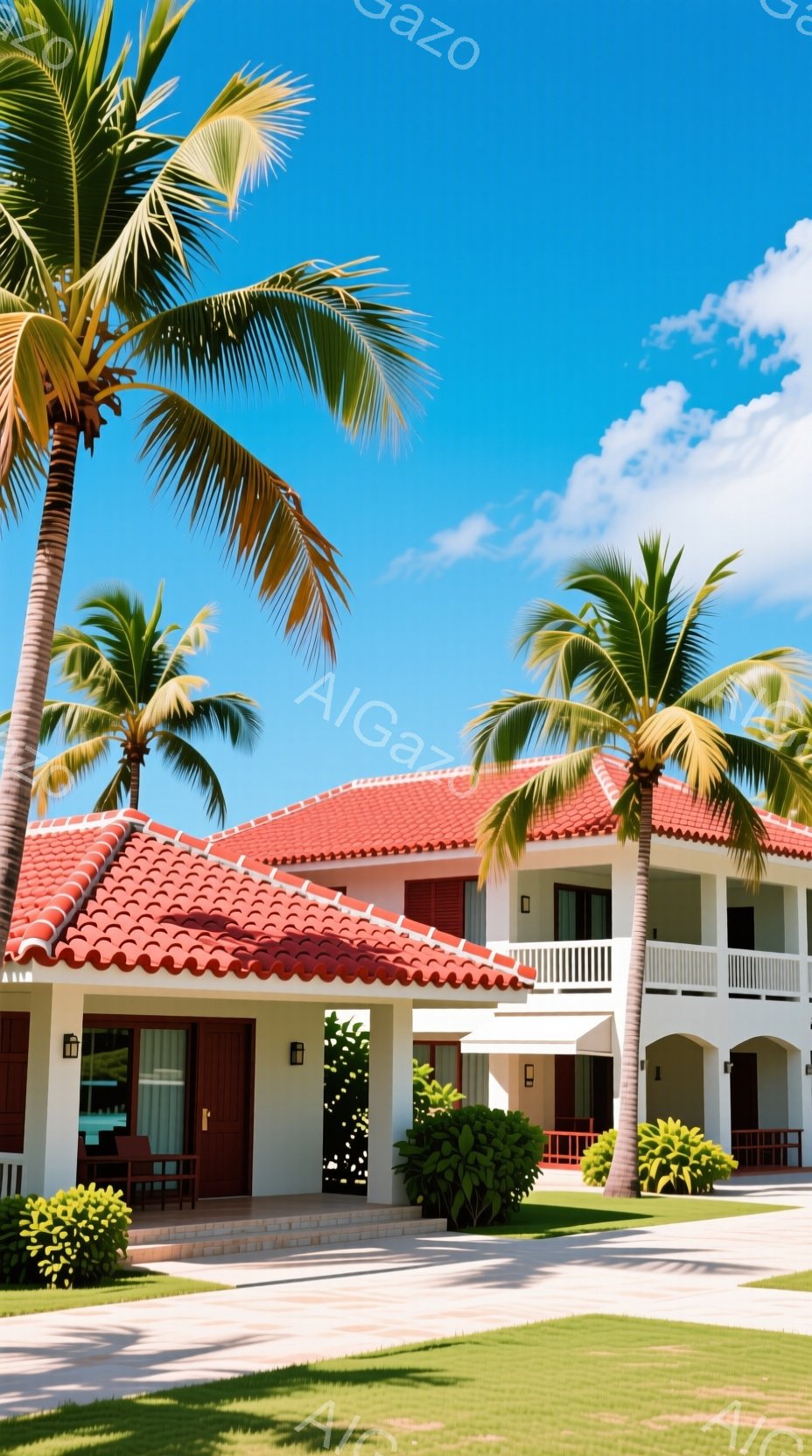 白い壁と赤い屋根の建物が並び、手入れの行き届いた緑の芝生とヤシの木が美しい景観を作り出しています。青い空と白い雲が背景に広がり、リゾート地の穏やかで明るい雰囲気を醸し出しています。建物は清潔感があり、静かでリラックスした休暇に最適な場所を示唆しています。