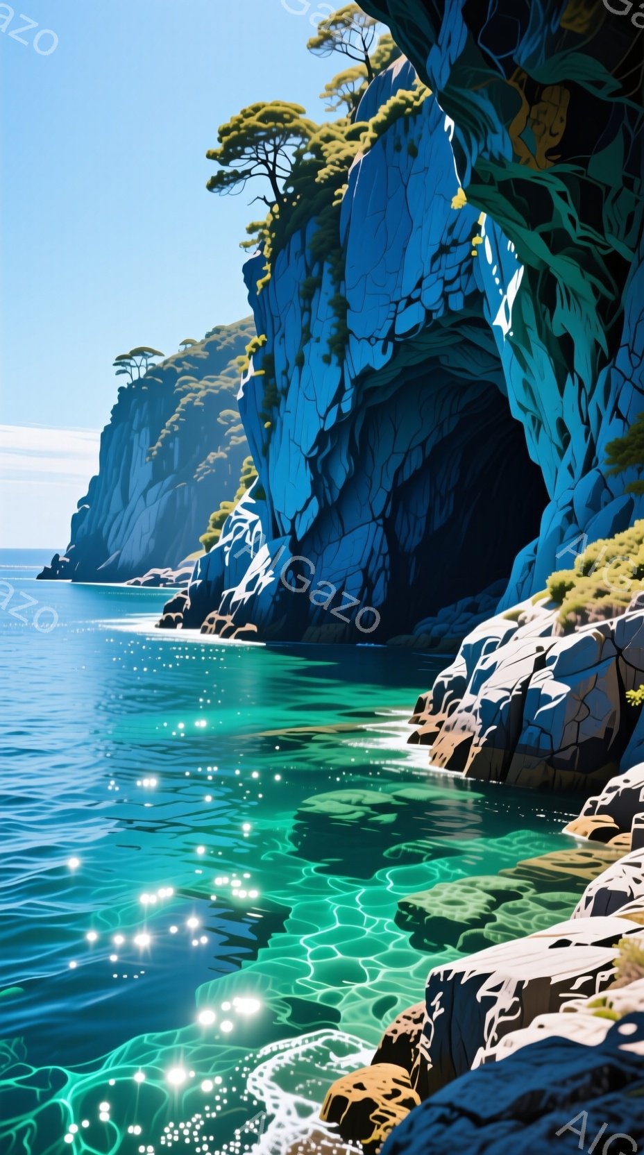 岩がちな海岸線が、緑色の海と青い空の下に広がっている。岩肌は複雑な模様を持ち、その上に緑豊かな木々が生い茂っている。太陽の光が海面に反射し、きらめく光の粒子が海岸線を彩り、静かで神秘的な雰囲気を醸し出している。