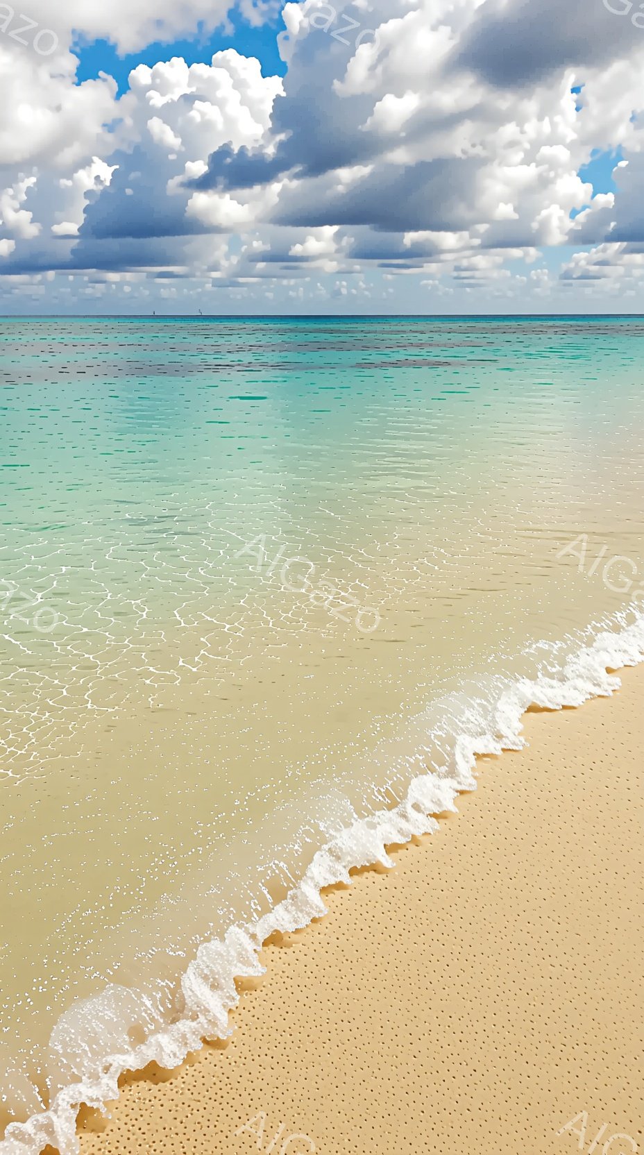 ターコイズブルーの海と、きめ細かい黄金色の砂浜が広がる風景です。穏やかな波が砂浜に打ち寄せ、白い泡がアクセントになっています。空には白い雲が浮かび、晴天で穏やかな夏の日の雰囲気が伝わってきます。