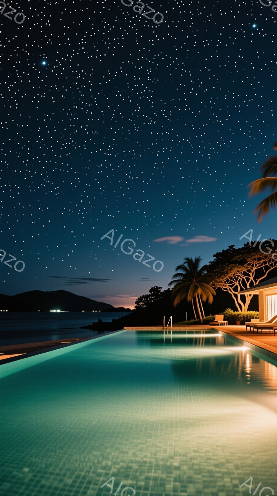 夜のプールサイドは、星空の下で静寂に輝いている。プールは穏やかな青緑色で光を反射し、周囲の緑豊かな木々や遠くの山々と調和している。リゾートの雰囲気は穏やかで、リラックスした静けさが漂っている。