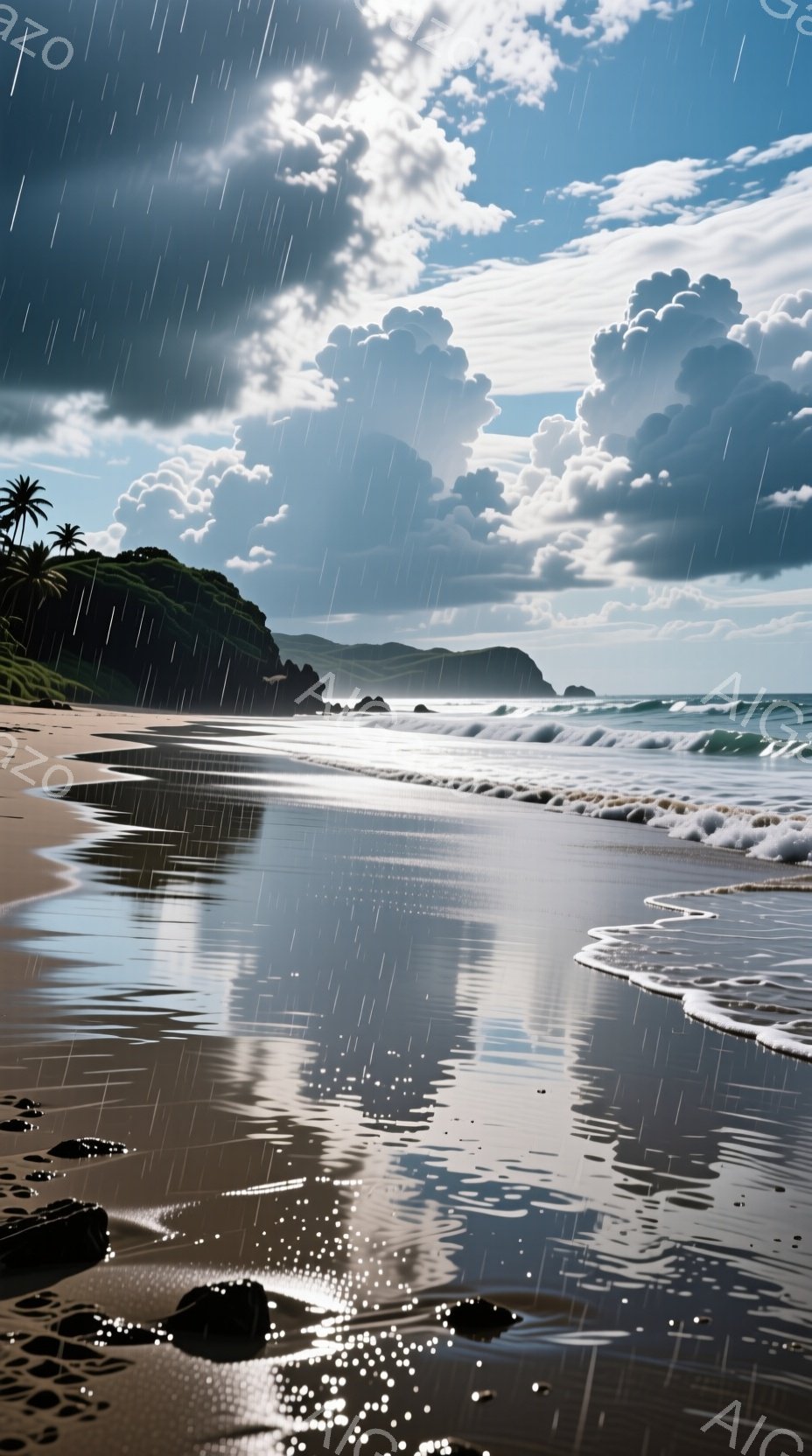 砂浜が広がり、強い雨が海面と砂浜に反射してキラキラと輝いている。遠くには緑の崖と、厚い雲に覆われた空が広がり、ドラマチックな雰囲気を醸し出している。波が砂浜に打ち寄せ、雨と波の音が聞こえてくるような、自然の力強さを感じさせる光景だ。