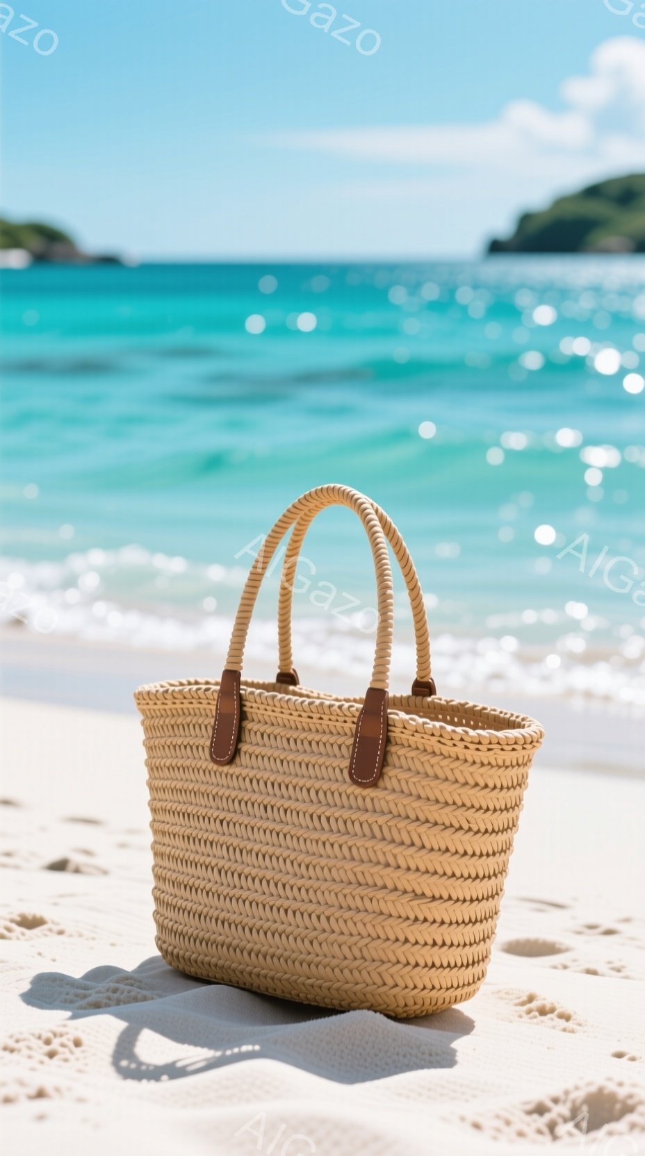 白い砂浜に、藁で編まれたハンドバッグが置かれている。ハンドバッグは茶色のレザーの持ち手が付いており、海と青い空を背景に、夏の休暇の雰囲気を醸し出している。光が強く、砂浜にはハンドバッグの影がはっきりと映っている。