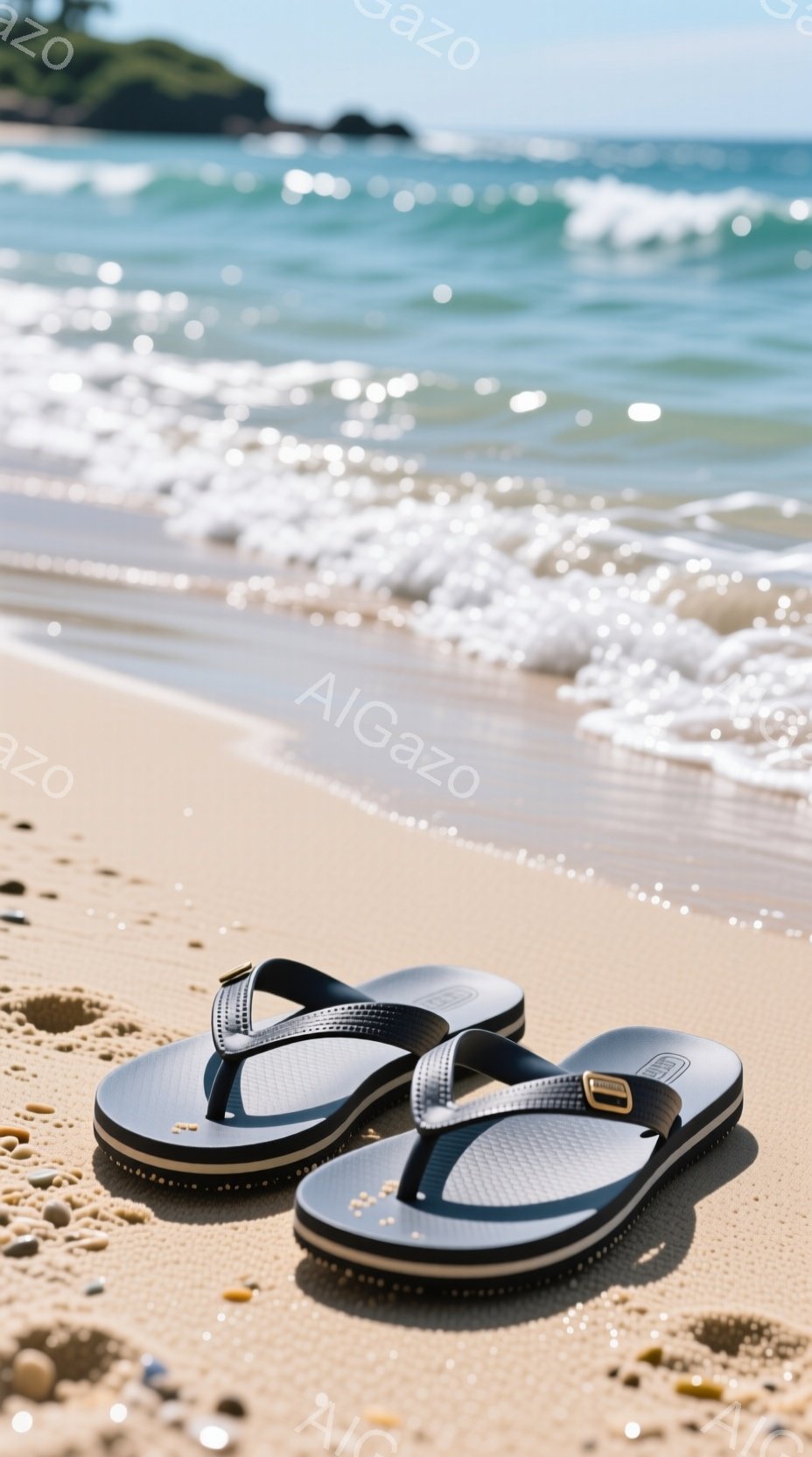 砂浜に黒いビーチサンダルが一足が置かれている写真です。背景には青い海と白い波が広がり、穏やかな夏の日の雰囲気が漂っています。細かい砂と貝殻がビーチサンダルの周りに散らばっており、リラックスした休日を連 - AI生成フリー素材