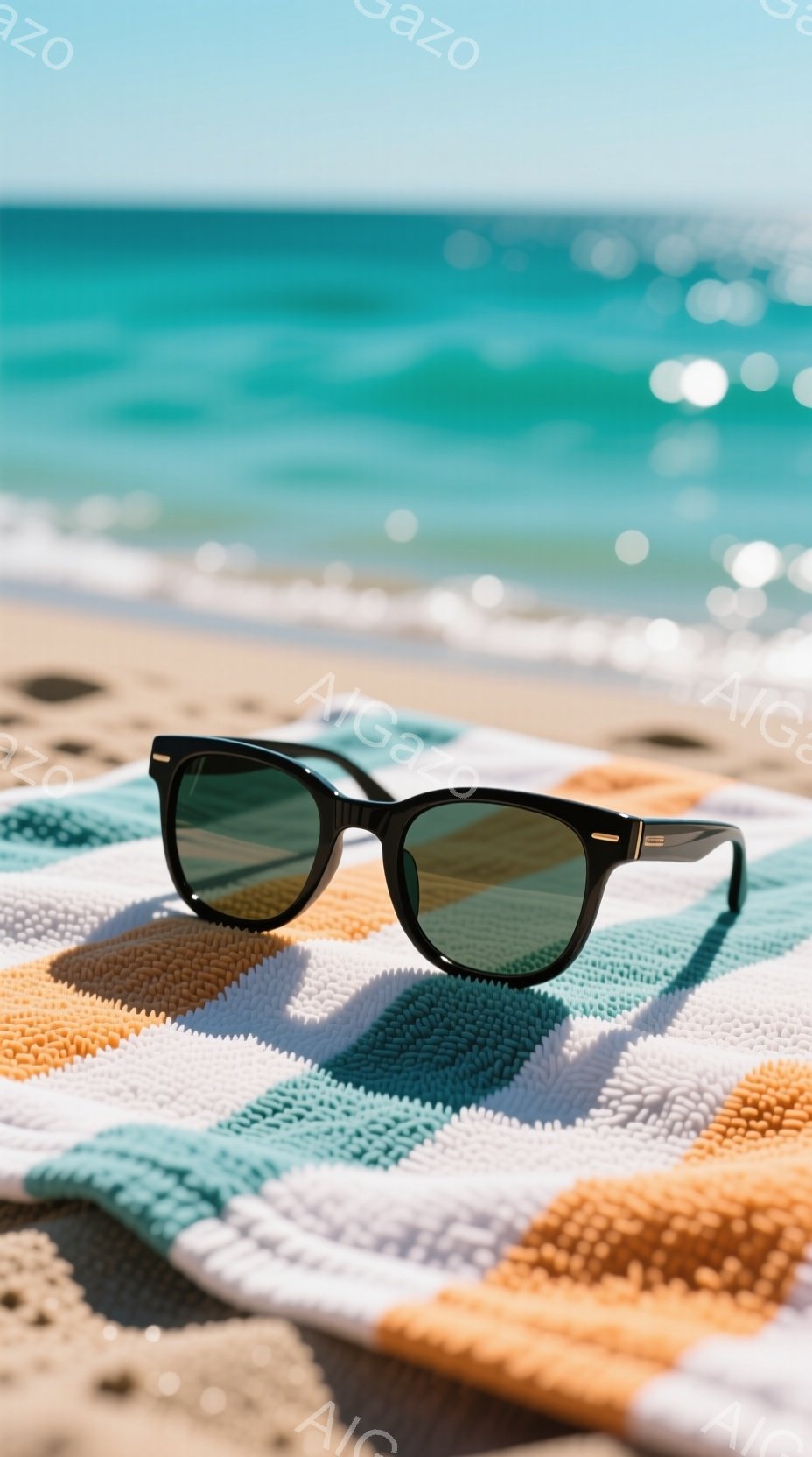 砂浜に敷かれたストライプ柄のタオルに黒いサングラスが置かれています。背景には青い海と空が広がり、晴天のビーチリゾートの穏やかな雰囲気が漂っています。サングラスの反射が海の色を映し出し、夏らしさを強調しています。