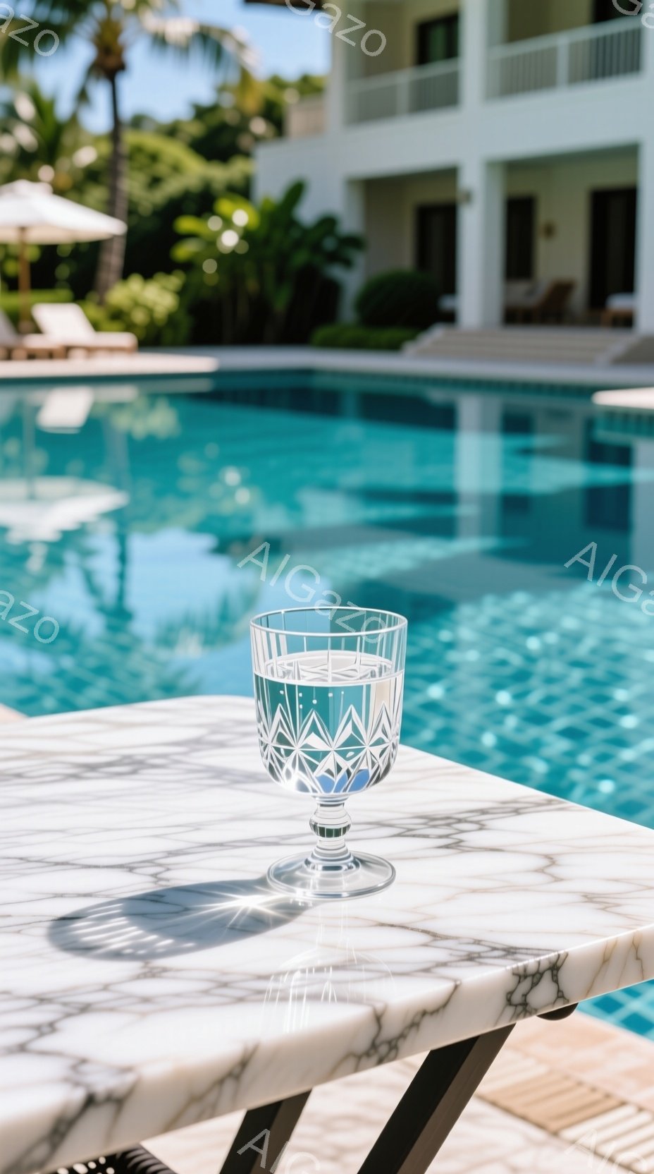 大理石のテーブルの上に、水が入った美しいカットグラスが置かれています。背景には、ターコイズブルーのプールと、白い建物、そして緑の植物が見え、晴天の高級リゾートの雰囲気が漂っています。光の反射が水面とテーブルに美しい模様を作り出し、静かで贅沢なひとときを感じさせます。