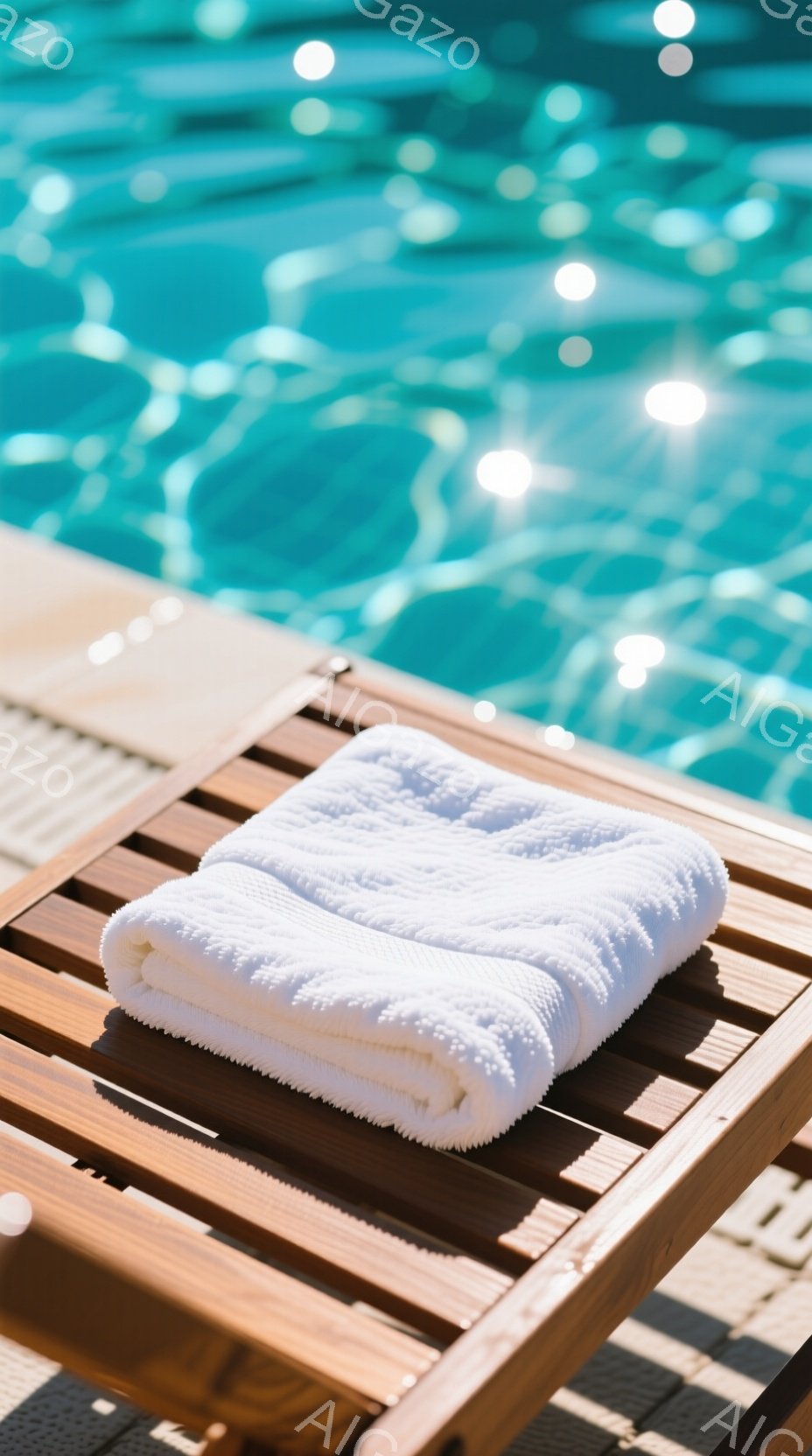 白いタオルが木製のデッキチェアに丁寧に畳んで置かれている。背景には水面がキラキラと光り、プールの水が青く広がり、リラックスできる夏の日の雰囲気が漂っている。デッキチェアの木目は美しく、光と影が織りなすコントラストが印象的だ。