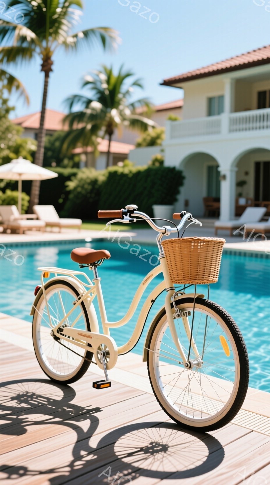 クリーム色のクラシックな自転車が、明るい青いプールのそばの木製のデッキに置かれています。背景には白く美しい建物とヤシの木があり、晴れた空の下、リゾートのような雰囲気です。自転車には籐のバスケットが付いており、全体的に落ち着いた、のどかな印象を与えます。