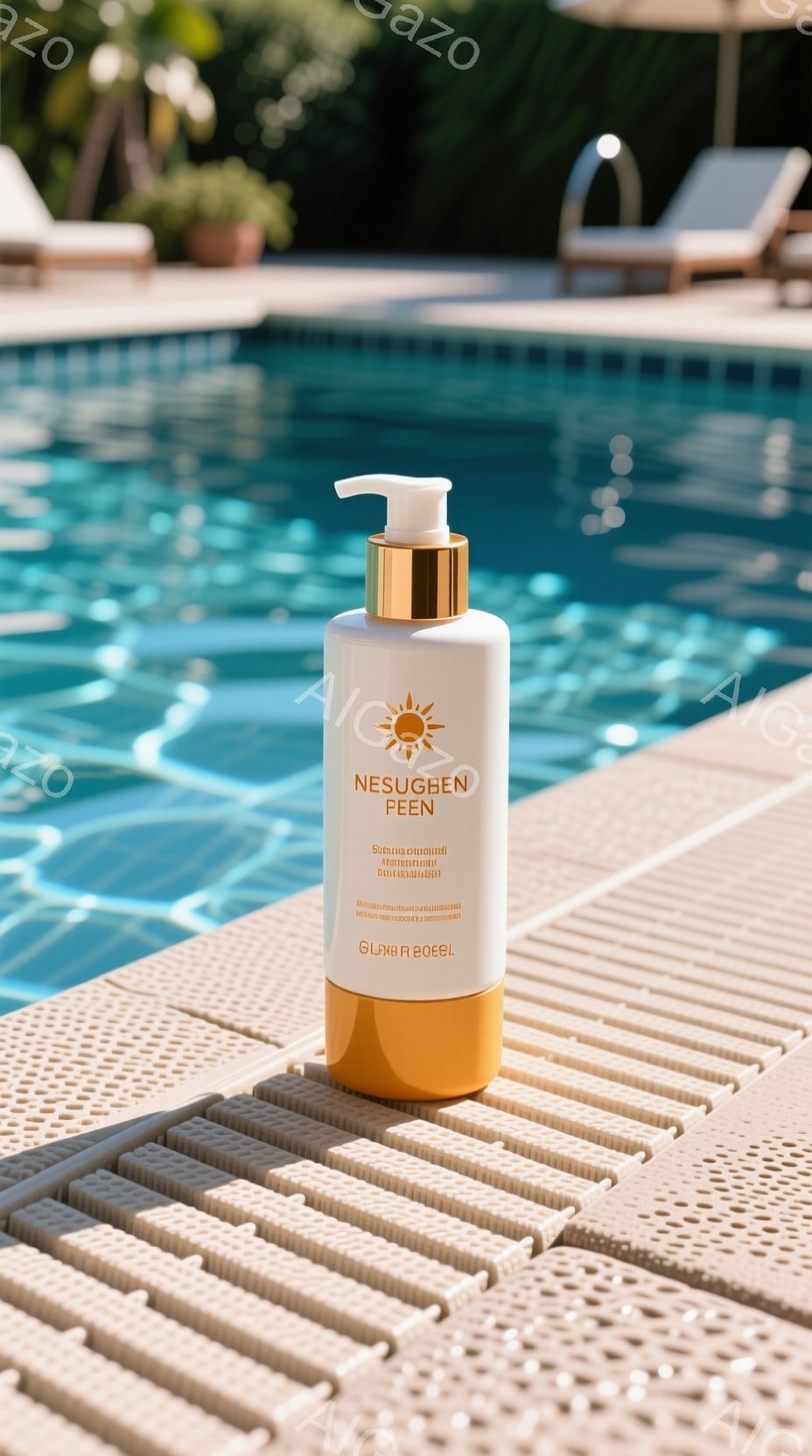 プールサイドのタイル張りの床に、日焼け止めローションのボトルが置かれています。ボトルは白地にオレンジ色のロゴが描かれており、モダンで洗練された印象を与えます。背景には水面の青と、ぼやけた緑の植物が見え - AI生成フリー素材