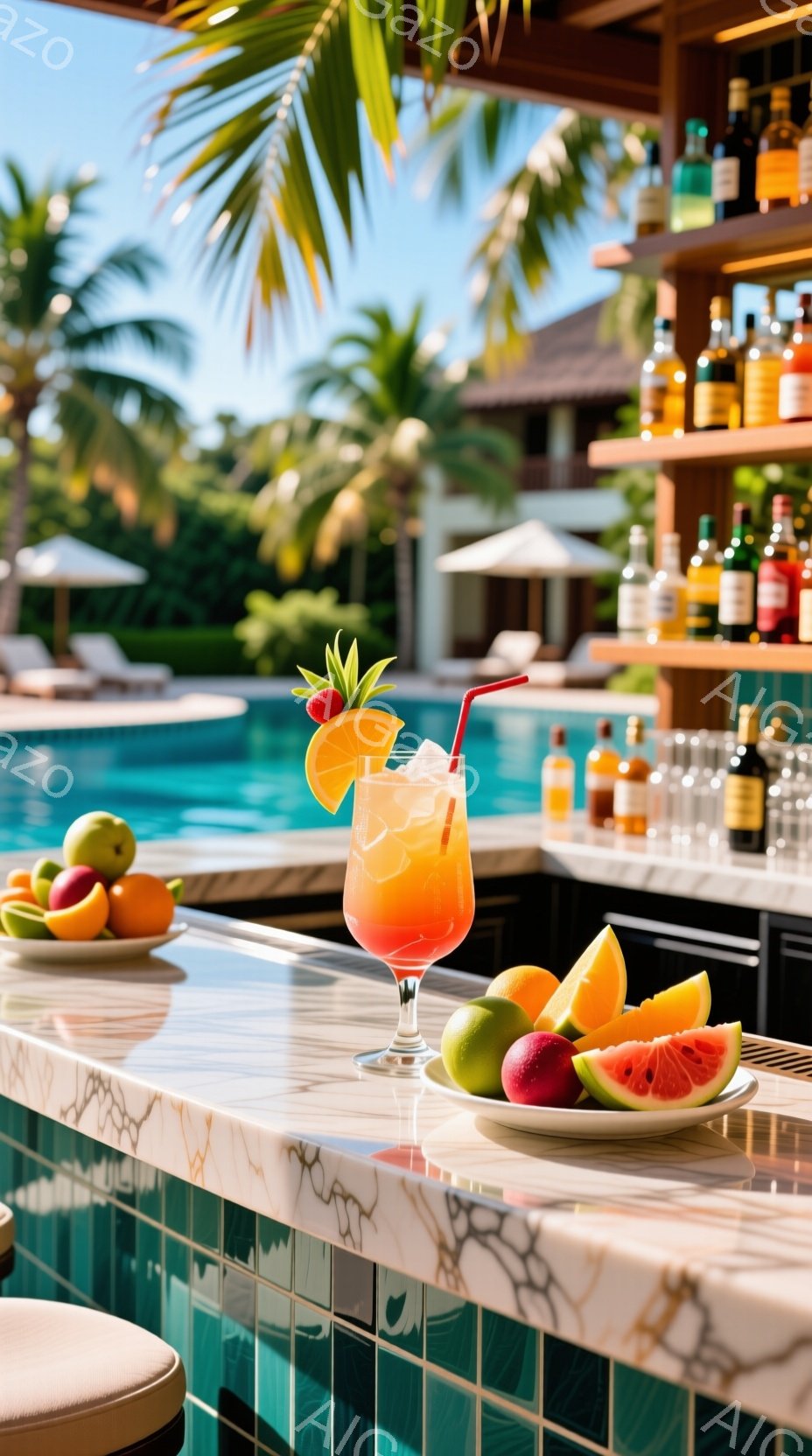 白い大理石のカウンターとエメラルドグリーンのタイルが印象的なプールサイドバーの風景です。鮮やかなオレンジジュースとフルーツが飾られ、夏らしいリラックスした雰囲気を醸し出しています。背景には青いプールとヤシの木々が見え、晴天の下での穏やかな時間を示唆しています。