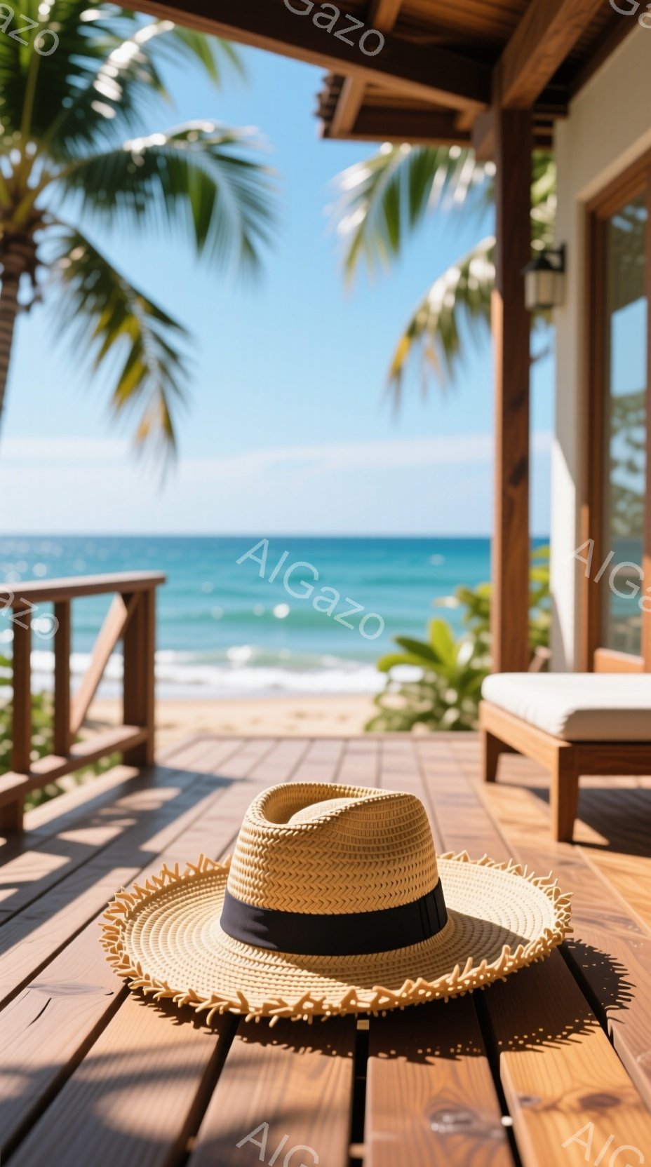 藁で作られたつばの広い帽子が木製のデッキの上に置かれています。背景には、ターコイズブルーの海と白い砂浜が見え、ヤシの木が青空にそびえ立っています。デッキには木製のベンチがあり、リラックスした、熱帯の雰囲気を感じさせます。