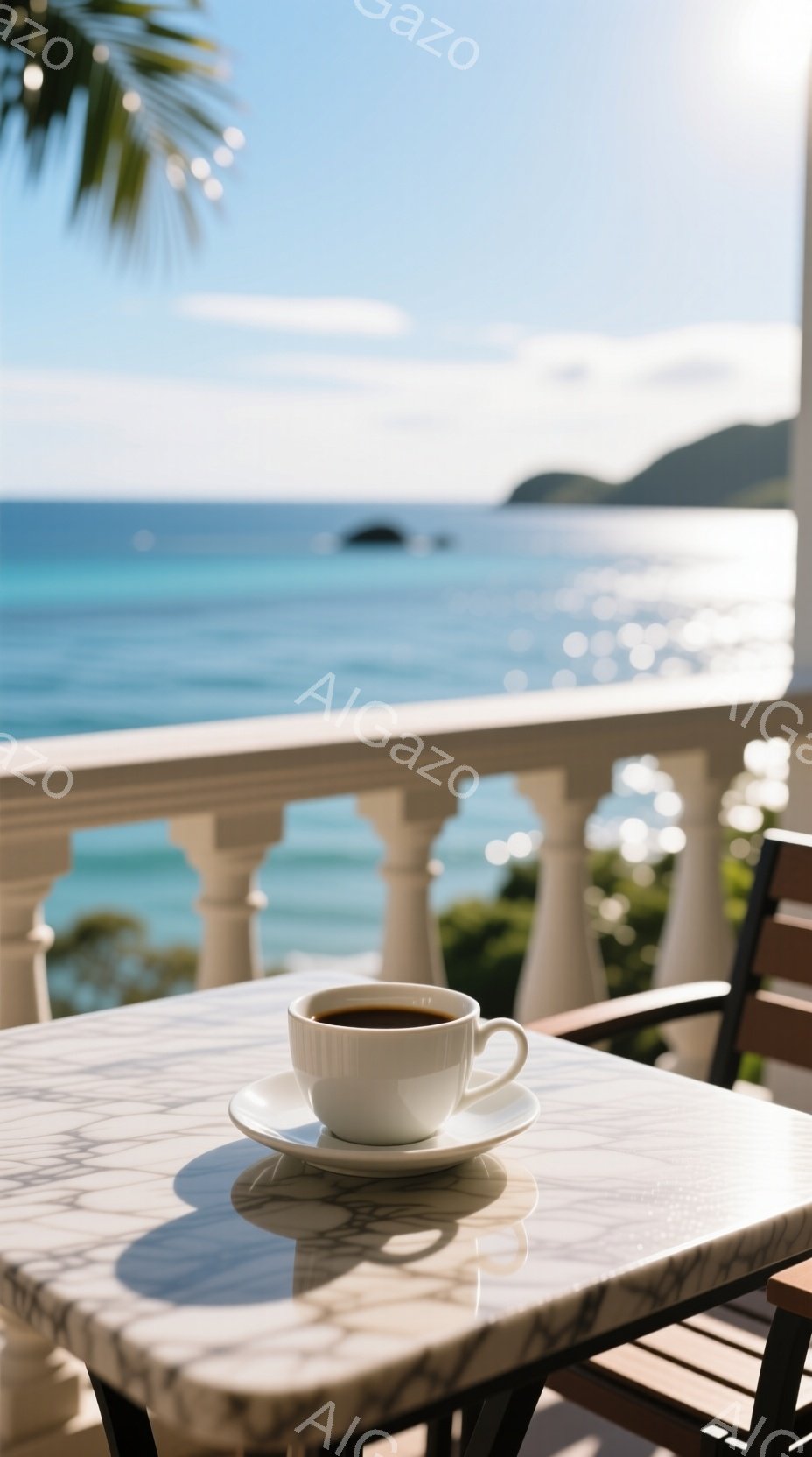 白い大理石のテーブルの上に、湯気が立ち上るコーヒーカップとソーサーが置かれている。背景には、青い海と白い波が広がり、遠くには緑の丘が見える美しい風景が広がっている。穏やかな日差しが差し込み、リラックスした静謐な雰囲気を醸し出している。