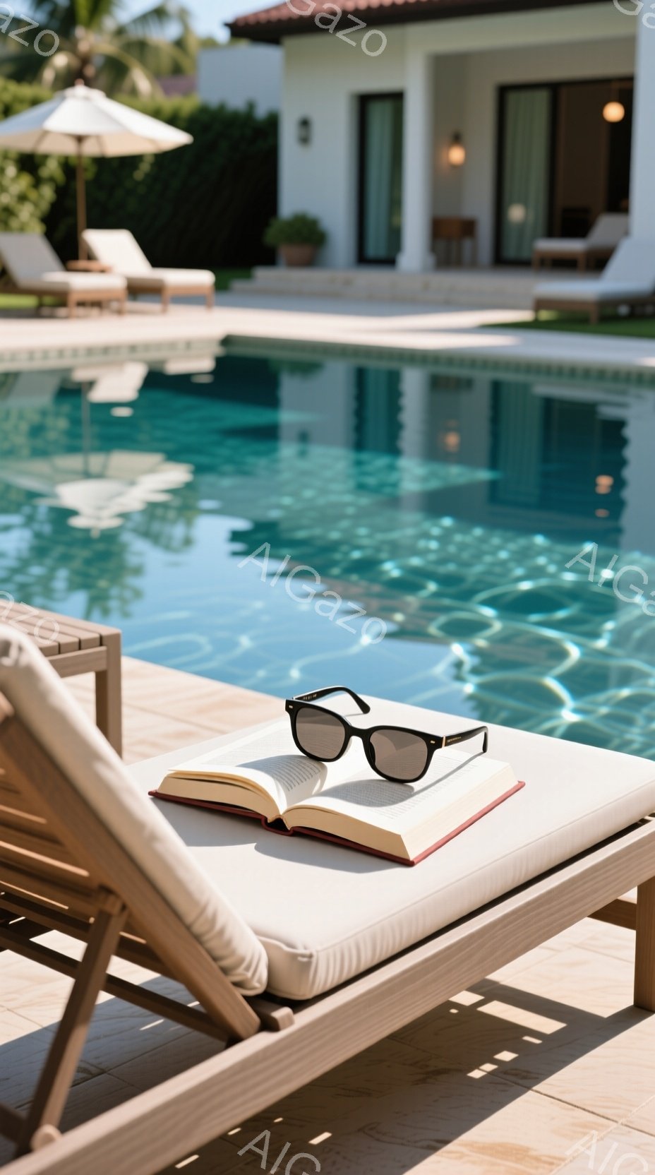 プールサイドのデッキチェアに開いた本とサングラスが置かれている。背景には、明るい色の建物と青いプールの水面が広がり、穏やかでリラックスした雰囲気を醸し出している。日差しが暖かく、夏の休暇を楽しむ様子が想像できる。