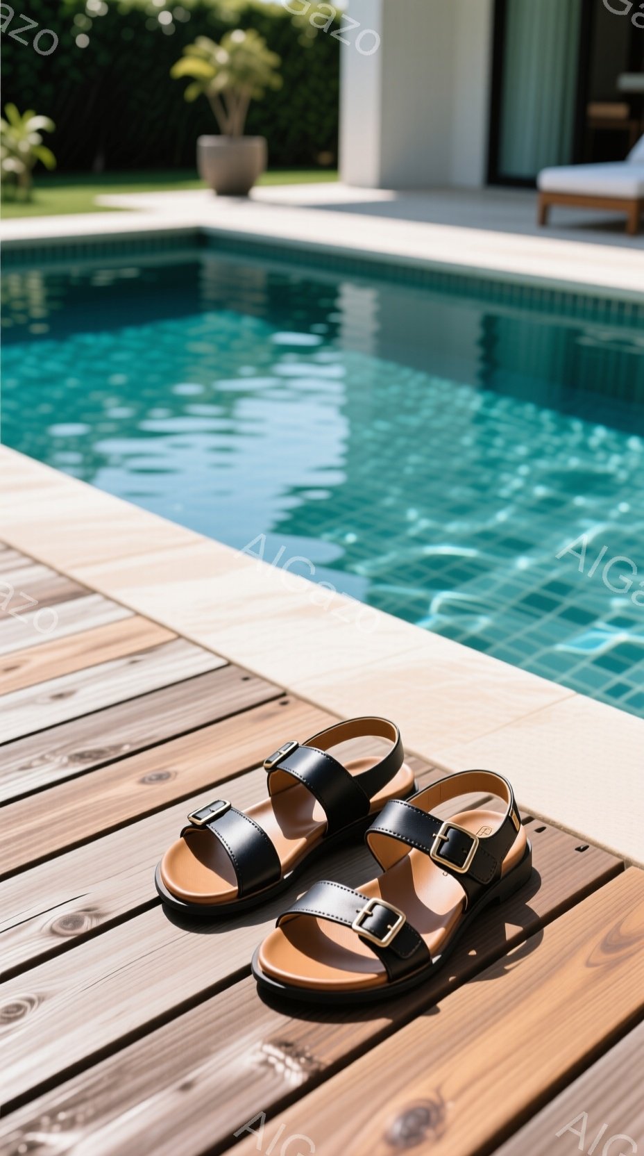 プールの縁に置かれた黒色のサンダルが写っています。サンダルはレザー製で、バックルが付いたデザインが特徴的です。背景には青いプール、木製のデッキ、そして緑豊かな植物が見え、リラックスした夏の雰囲気を醸し出しています。