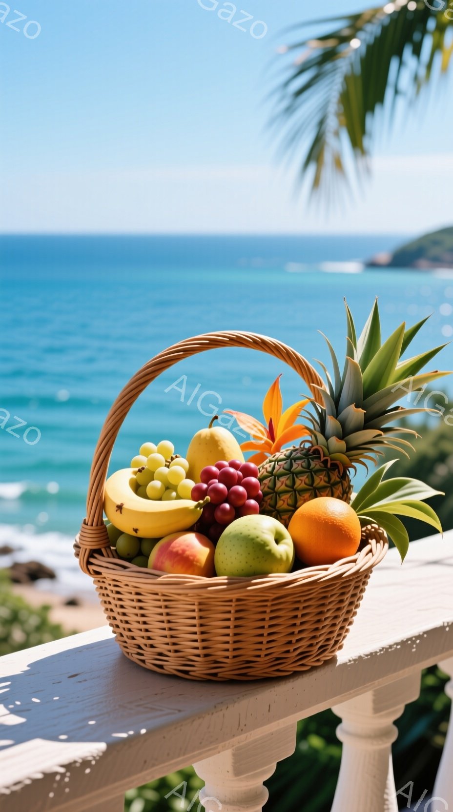 籐編みのバスケットが、鮮やかな熱帯のフルーツで満たされている。背景には、ターコイズブルーの海と白い砂浜が広がり、パラダイスのような景色が広がっている。全体的に明るく、爽やかな雰囲気で、リゾート地での贅沢なひとときを感じさせる。