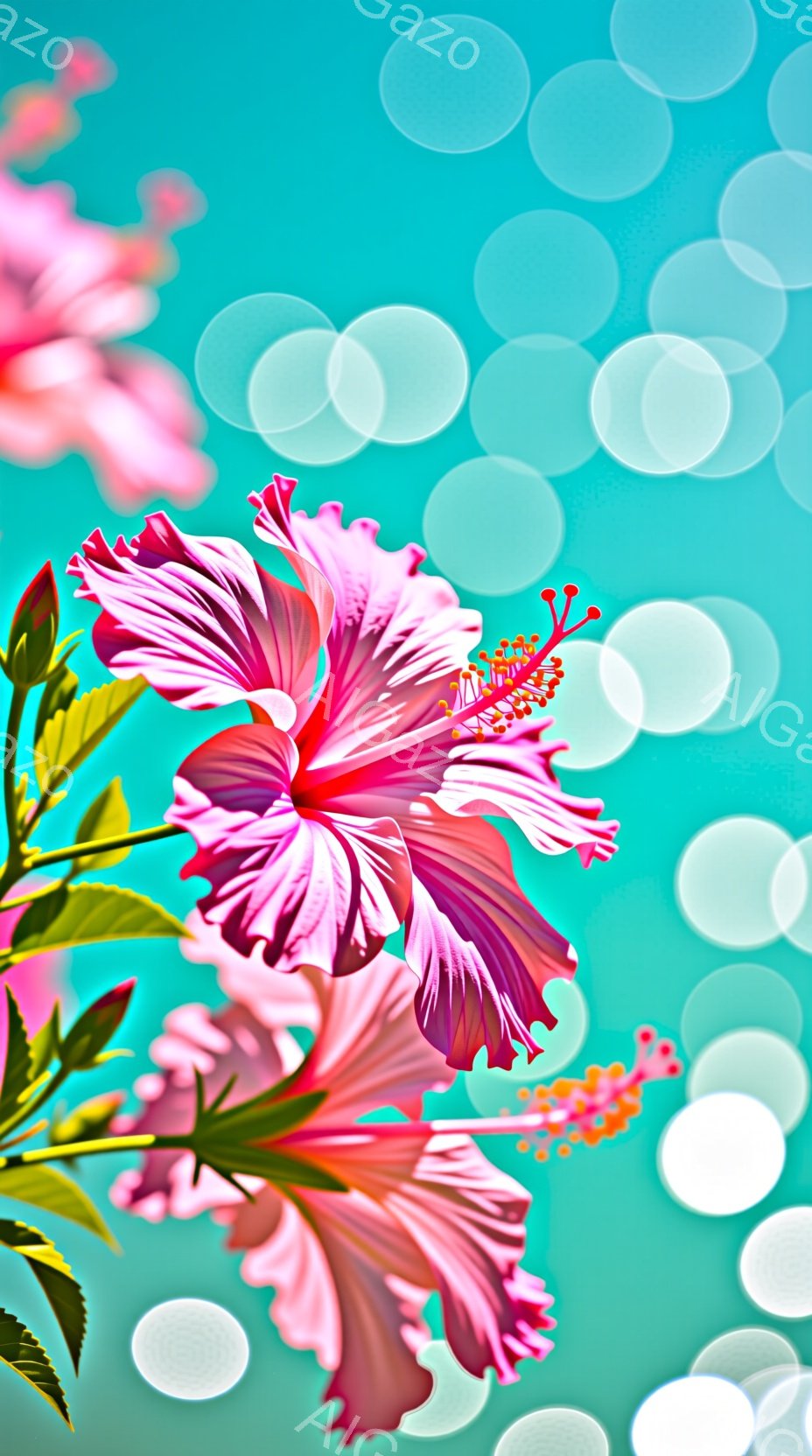 鮮やかなピンク色のハイビスカスが画面いっぱいに咲き誇り、緑の葉に囲まれています。背景はターコイズブルーで、ぼんやりとした白い光の円が散りばめられ、夢のような雰囲気を醸し出しています。花びらの繊細な模様と鮮やかな色彩が、トロピカルな夏の雰囲気を強調しています。