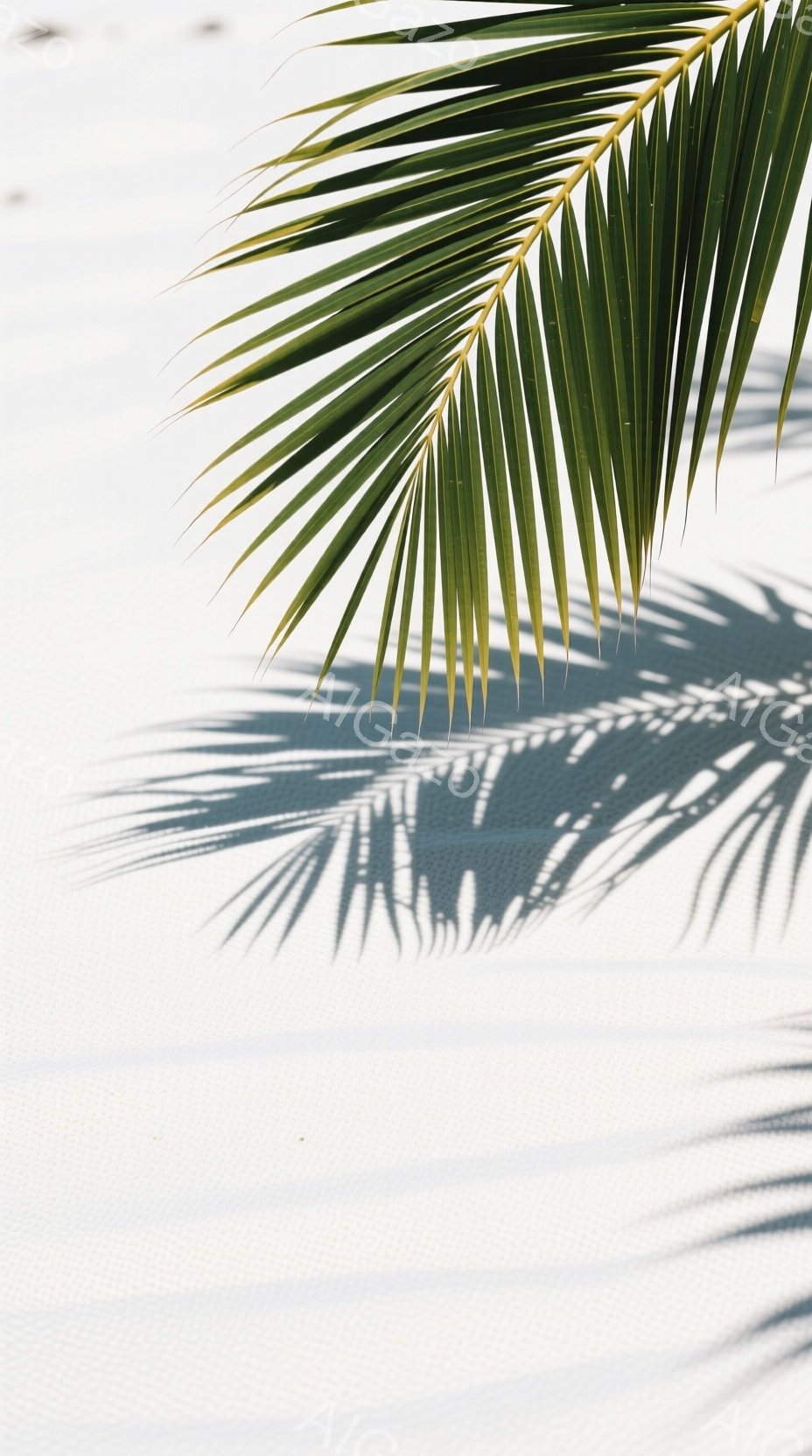 白い砂浜の上にヤシの葉が大きく影を落としている様子が写っている。葉は鮮やかな緑色で、光に透けている部分と影の部分のコントラストが美しい。背景は白い砂浜で、晴れた日の穏やかなビーチの雰囲気が伝わってくる - AI生成フリー素材