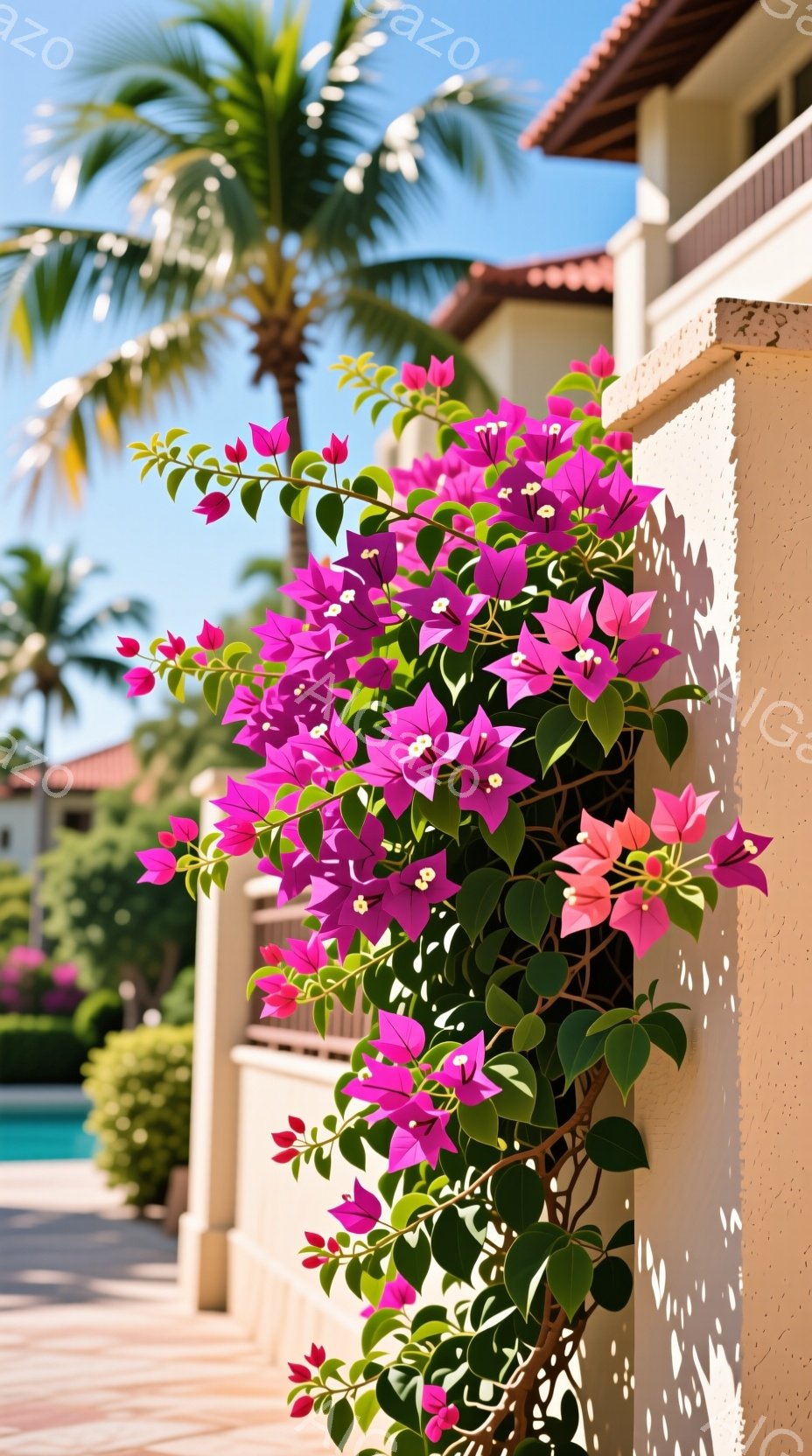 鮮やかなピンクと紫色のブーゲンビリアが、ベージュ色の壁面に沿って咲き乱れている様子が捉えられている。背景には、整えられた緑の植生と青いプールが見え、遠くにはヤシの木がそびえ立ち、晴れた日のリゾート地の穏やかな雰囲気を醸し出している。光と影が壁面に美しいコントラストを生み出し、華やかな色彩と熱帯の自然が調和した、安らぎのある風景だ。