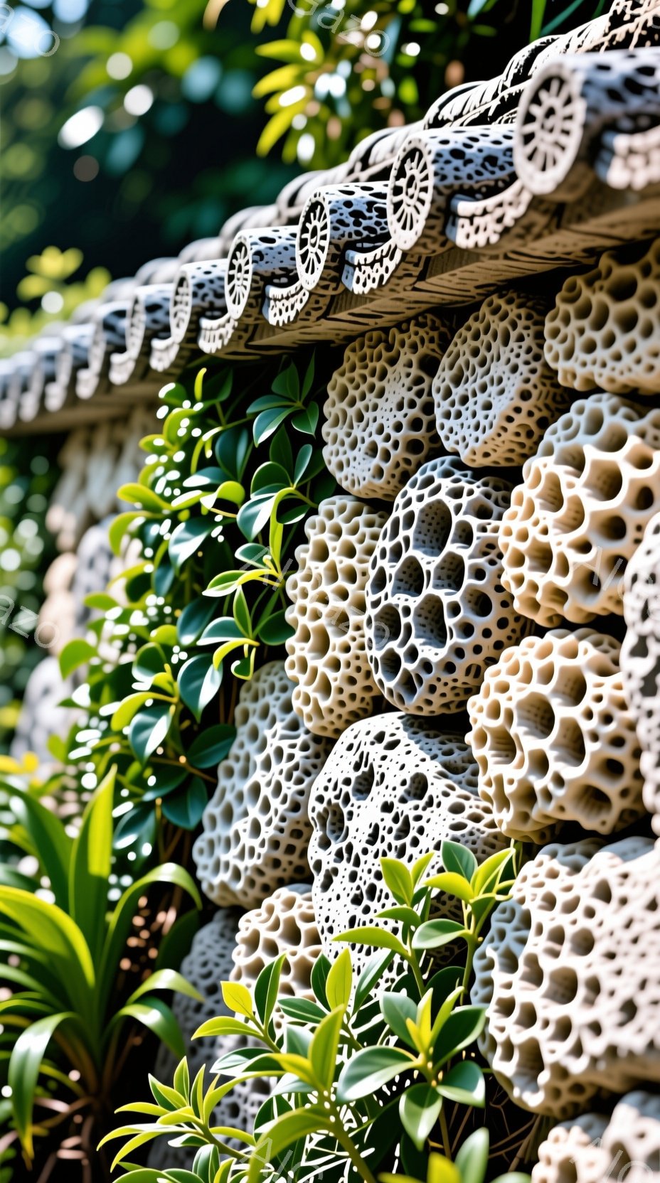 画像は、緑豊かな植物に囲まれた、蜂の巣のような模様が施された白い円筒形の構造物の壁面を捉えています。円筒形構造物は規則的に並べられ、上部には、同様の模様が施された装飾が設けられています。背景は自然光に - AI生成フリー素材