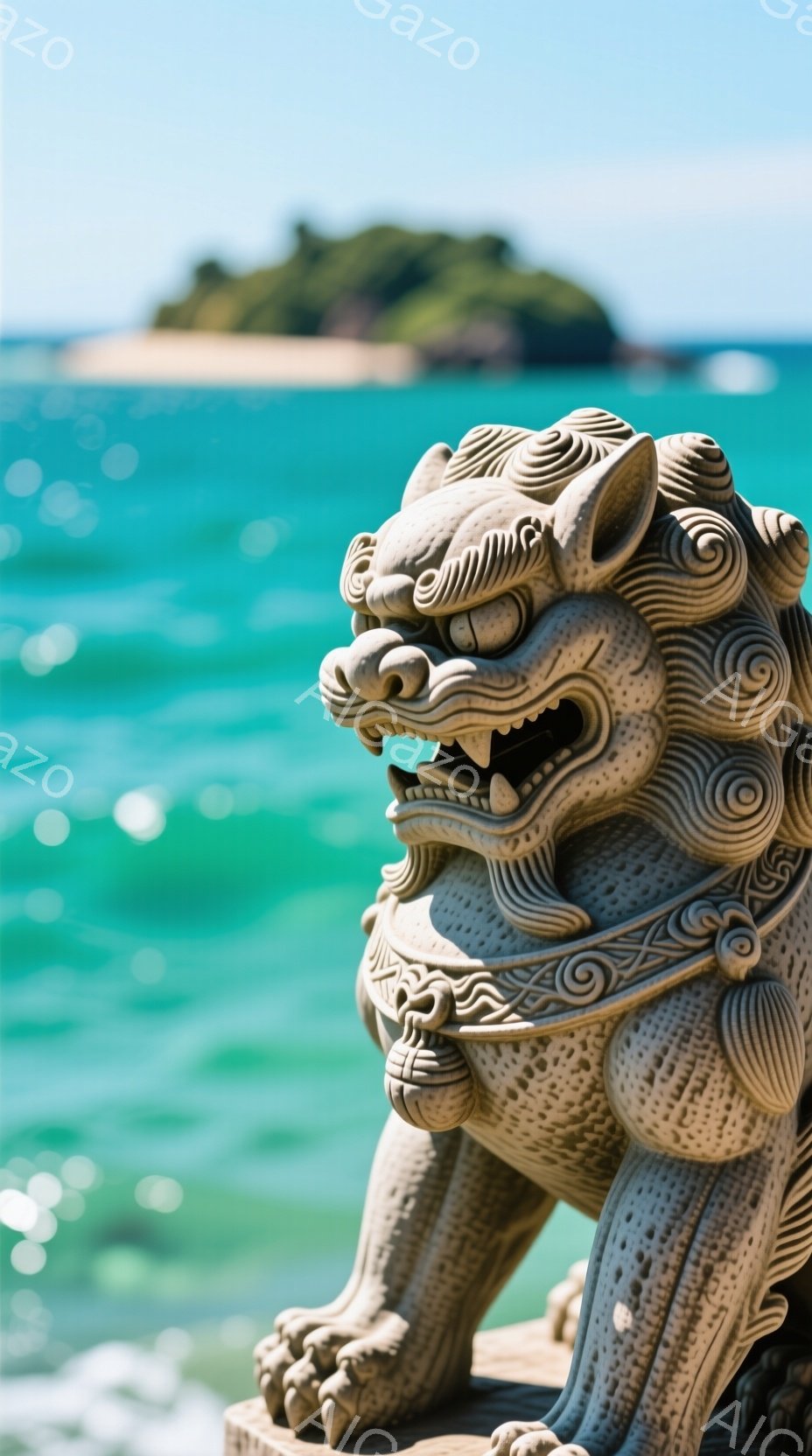 石造りの獅子像が、ターコイズブルーの海と緑豊かな島の背景にそびえ立っています。 獅子像は細部にまでこだわった彫刻で、力強く、威厳のある表情をしています。晴れた空と穏やかな海が、静かで平和な雰囲気を醸し出しています。