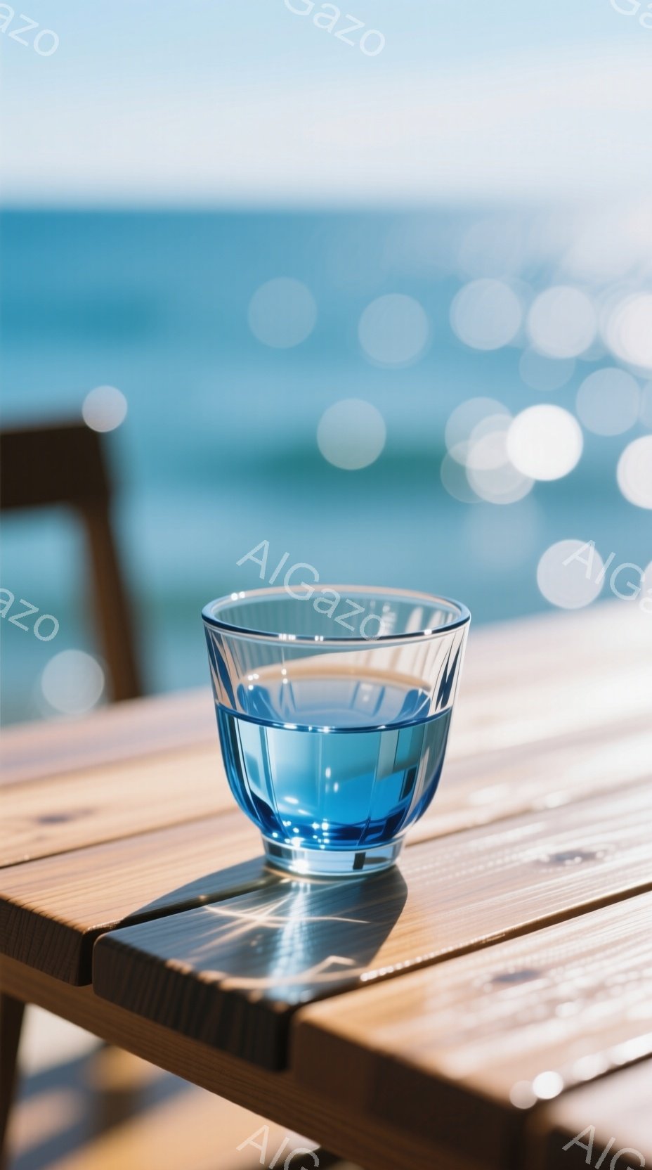 木のテーブルの上に水が入ったグラスが置かれています。背景にはぼやけた青い海と太陽の光が差し込み、穏やかでリラックスした雰囲気を作り出しています。木製のテーブルの質感と、グラスの影が、夏の日の静けさを強調しています。