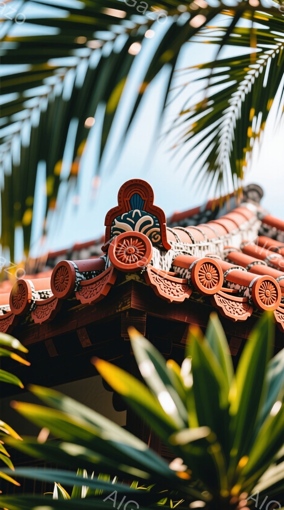鮮やかな青空を背景に、赤い瓦屋根が写っている。瓦の縁には、精巧な模様が施された装飾が並び、日本の伝統的な建築様式を彷彿とさせる。ヤシの葉が前景を彩り、熱帯の雰囲気を漂わせている。