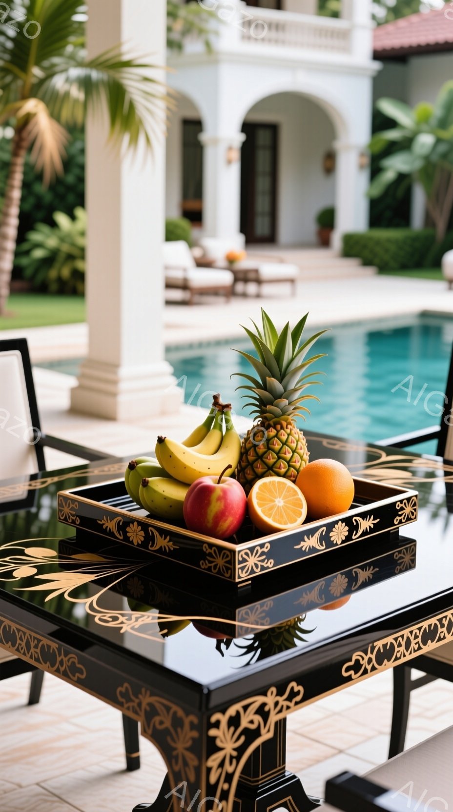 屋外のプールサイドに、黒と金色の装飾が施されたテーブルの上に、パイナップル、バナナ、リンゴ、オレンジが置かれたフルーツバスケットが描かれている。背景には、白い建物、緑豊かな植生、そして青いプールの水面が広がり、晴れた日のリラックスした雰囲気を醸し出している。全体として、贅沢で熱帯的な静止画である。