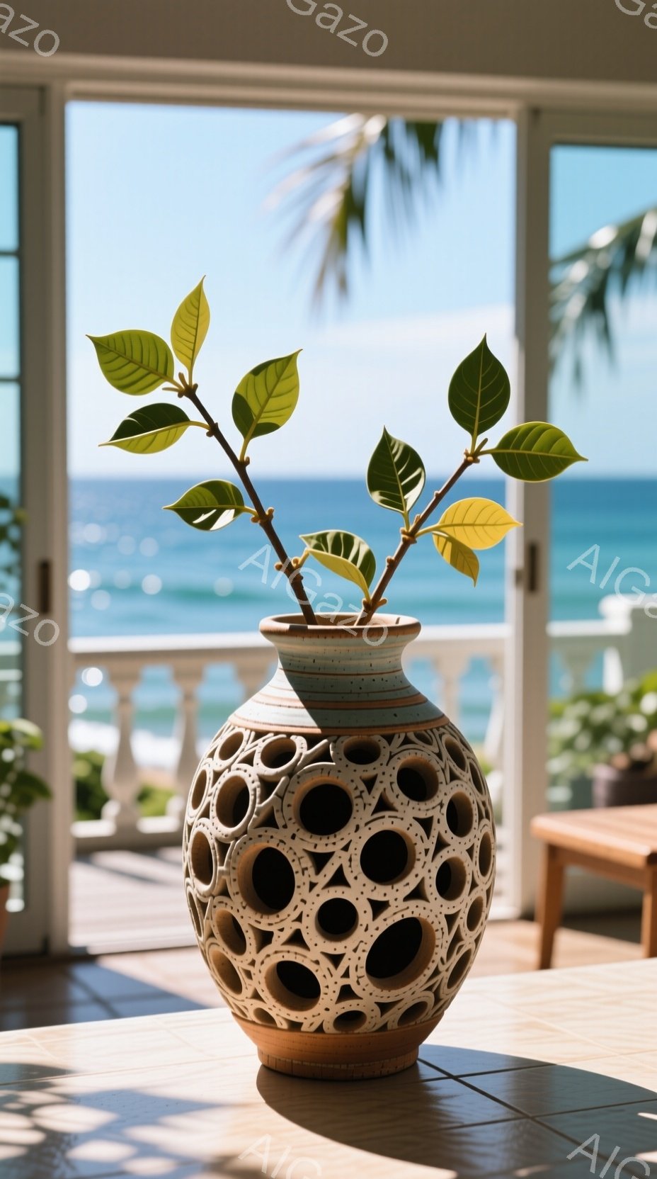 陶器の花瓶がテーブルの上に置かれており、明るい日差しが当たっています。花瓶は茶色と白の幾何学模様で飾られ、中に緑の植物が生えています。背景には、白いフェンスと青い海が見え、穏やかでリラックスした雰囲気 - AI生成フリー素材