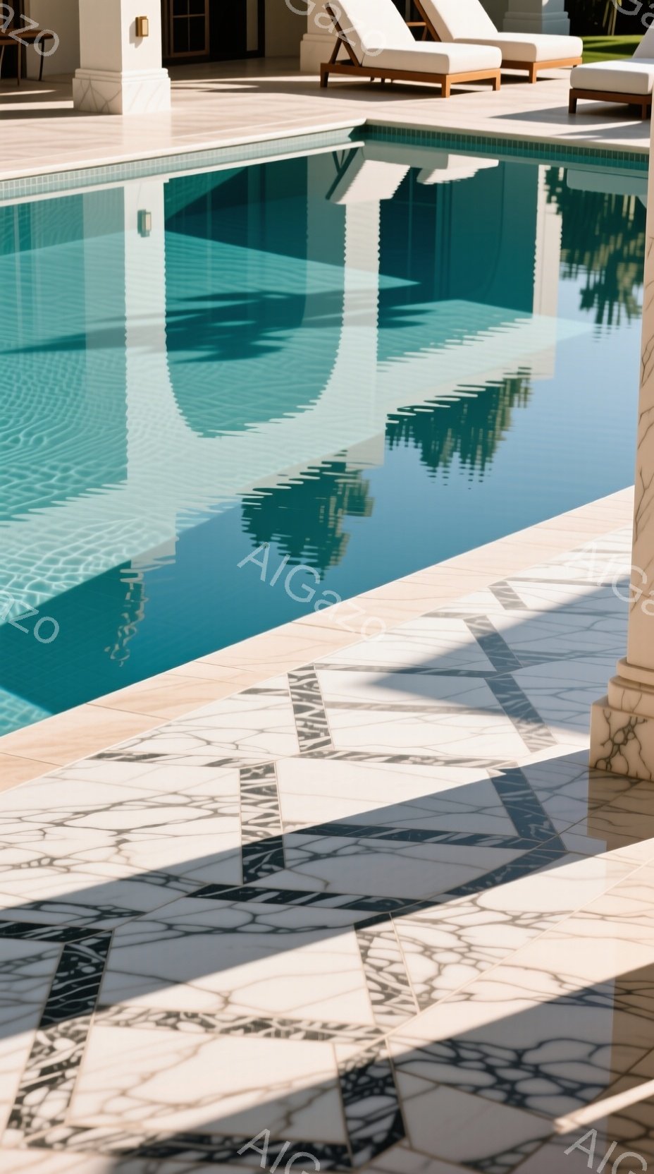 プールの水面は穏やかに光り、ヤシの木や建物が美しく映り込んでいる。タイル張りのプールサイドは白を基調とした幾何学模様で、高級感と洗練された雰囲気を醸し出している。背景には、優雅なリゾートの建物が見え、太陽の光が暖かく降り注ぎ、リラックスした穏やかな時間を示唆している。