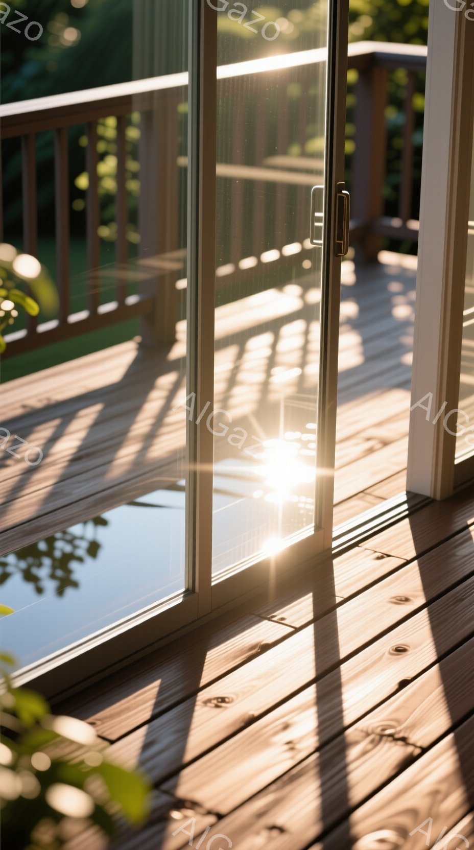 日当たりの良いウッドデッキの様子が写っており、スライド式のガラスドアを通して緑豊かな自然が見える。強い光が差し込み、ウッドデッキに縞模様の影を作り出している。全体的に穏やかで、リラックスした雰囲気を感じさせる。
