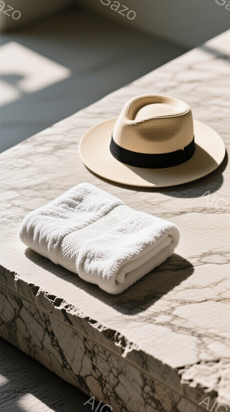 白い大理石のようなカウンターの上に、折られた白いタオルと麦わら帽子が置かれています。帽子のリボンは黒で、タオルは起毛感のある質感で、光沢のある影がカウンター上に落ちています。全体的に、リラックスした、夏のバカンスのような雰囲気を感じさせます。