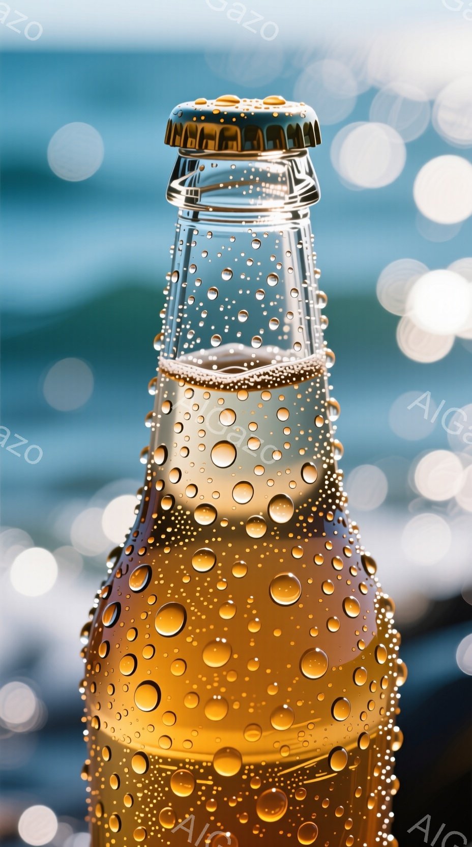 ガラス瓶に冷たい飲み物が入り、水滴が瓶全体に付着している様子が描かれています。背景はぼやけた青色で、光のフレアが見え、夏の日のビーチや屋外でのリフレッシュメントの雰囲気を醸し出しています。全体的に涼しげで、清涼感のある印象を与える写真です。