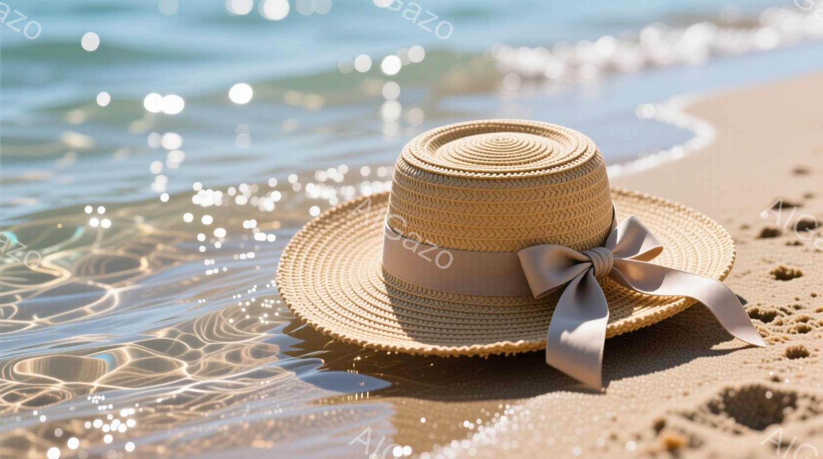 砂浜に麦わら帽子が置かれている写真です。帽子はベージュ色のリボンで飾られており、太陽の光を浴びて明るく輝いています。背景には波が打ち寄せ、穏やかな夏の日の雰囲気が漂っています。