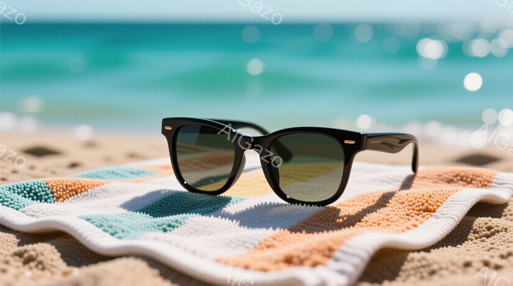 砂浜の上に、カラフルなストライプ模様のタオルが敷かれ、その上に黒いサングラスが置かれています。背景には、穏やかな青い海と白い波が広がり、晴天で明るい日差しが差し込んでいます。全体的にリラックスした夏の雰囲気を感じさせる、穏やかで鮮やかな画像です。