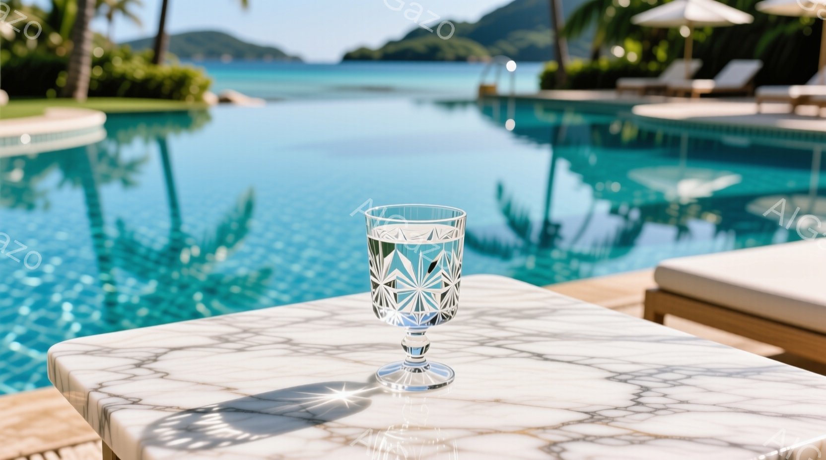 白い大理石のテーブルの上に、カットガラスのグラスが置かれています。背景には、ターコイズブルーのプールと、緑豊かな山々が広がり、晴天の下、穏やかなリゾートの雰囲気が漂っています。プールのそばには、リクラ - AI生成フリー素材