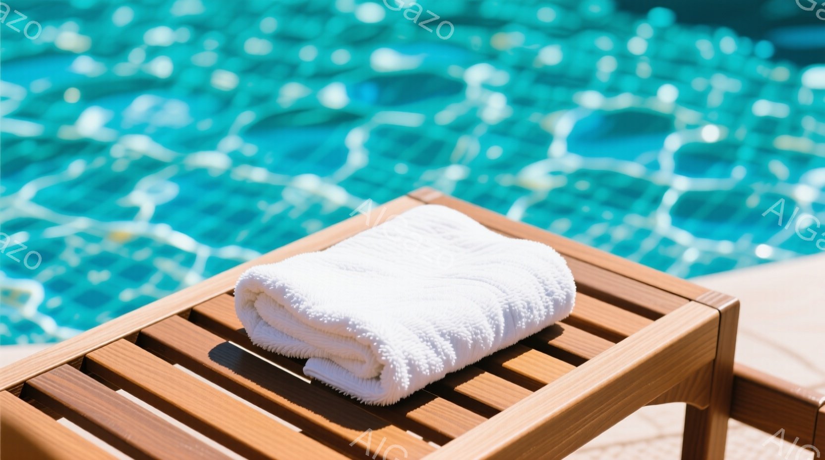 日焼けした木製のラウンジチェアの上に、白くふわふわのタオルが丁寧に畳まれて置かれています。背景には、太陽の光を受けてきらめく青いプールの水面が広がり、リラックスした夏の日の雰囲気を醸し出しています。全体的に穏やかで静けさがあり、バカンスやリゾート地のイメージが強く感じられます。