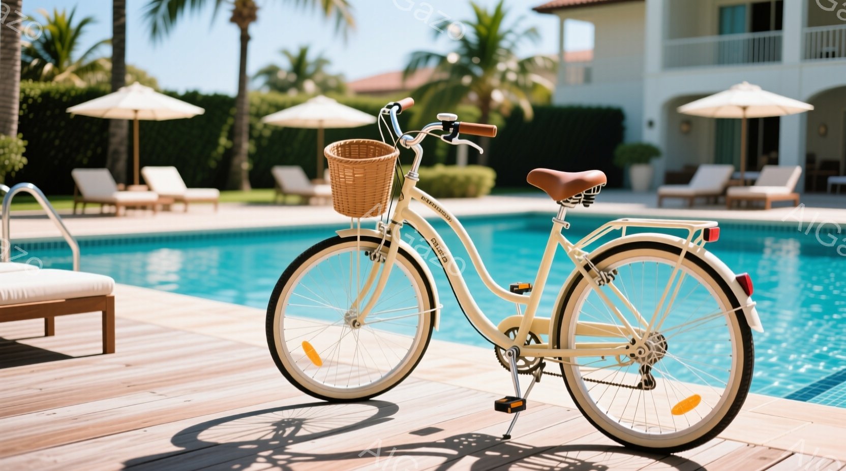 輝く太陽の下、プールサイドのウッドデッキにオフホワイトの自転車が置かれている。籐のバスケットとクラシックなデザインが特徴で、背景には青いプールとパラソル、そして白い建物が見える。全体的にリゾート地での優雅で穏やかな雰囲気が漂っている。