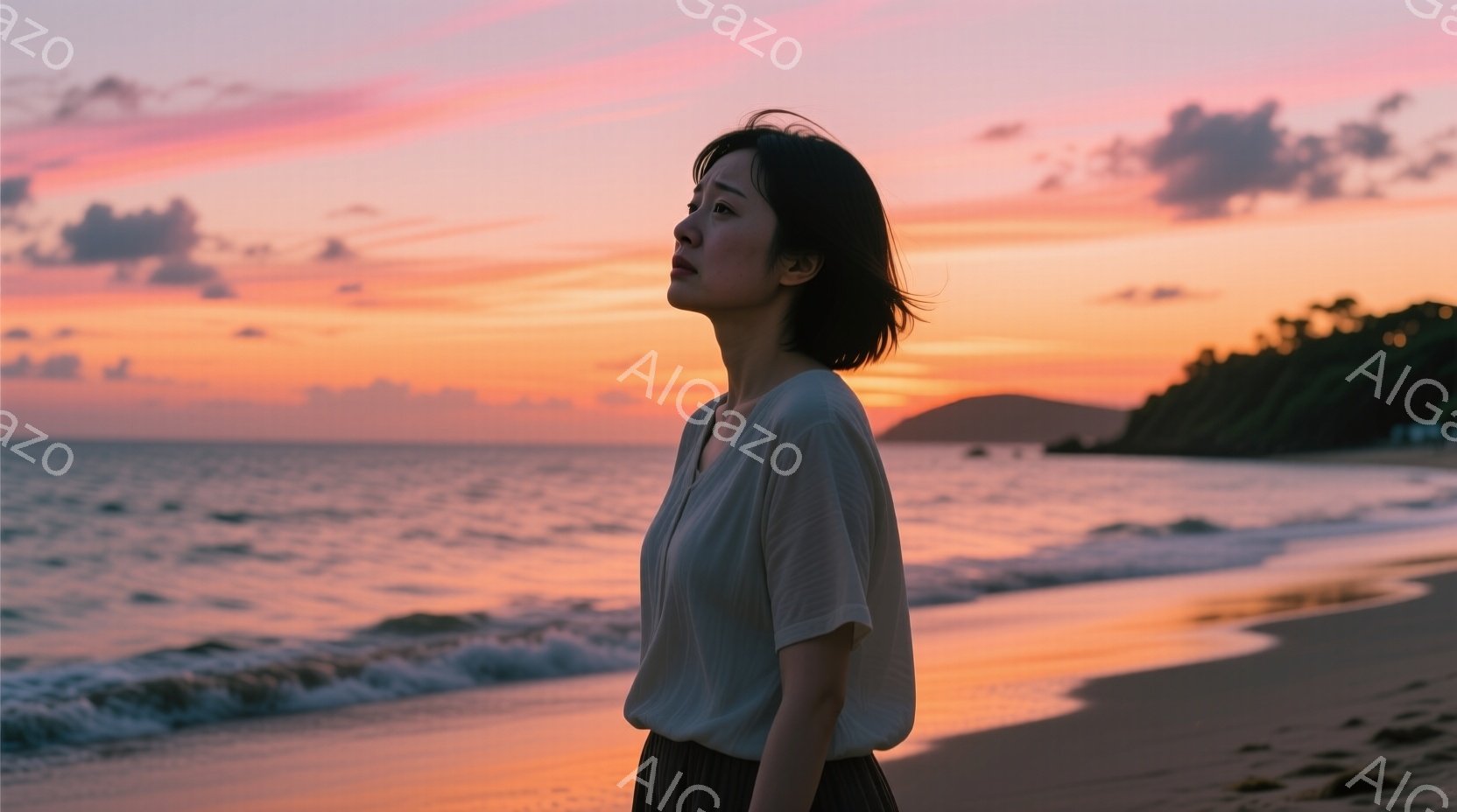 長い黒髪を耳にかける若い女性が、夕焼けのビーチで横を向いている。白いブラウスと、落ち着いた色のスカートを身につけ、物思いにふけるような表情をしている。背景には穏やかな海と夕焼けに染まる山々が広がり、全体的に静かで穏やかな雰囲気を醸し出している。