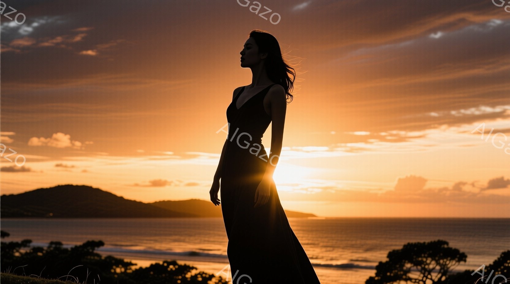 長い黒いドレスを着た女性が、夕焼けを背景にシルエットで描かれている。彼女は横向きに立ち、髪は風になびいている。背景には、穏やかな海と遠くに見える山々が広がり、全体的に穏やかで幻想的な雰囲気を醸し出している。