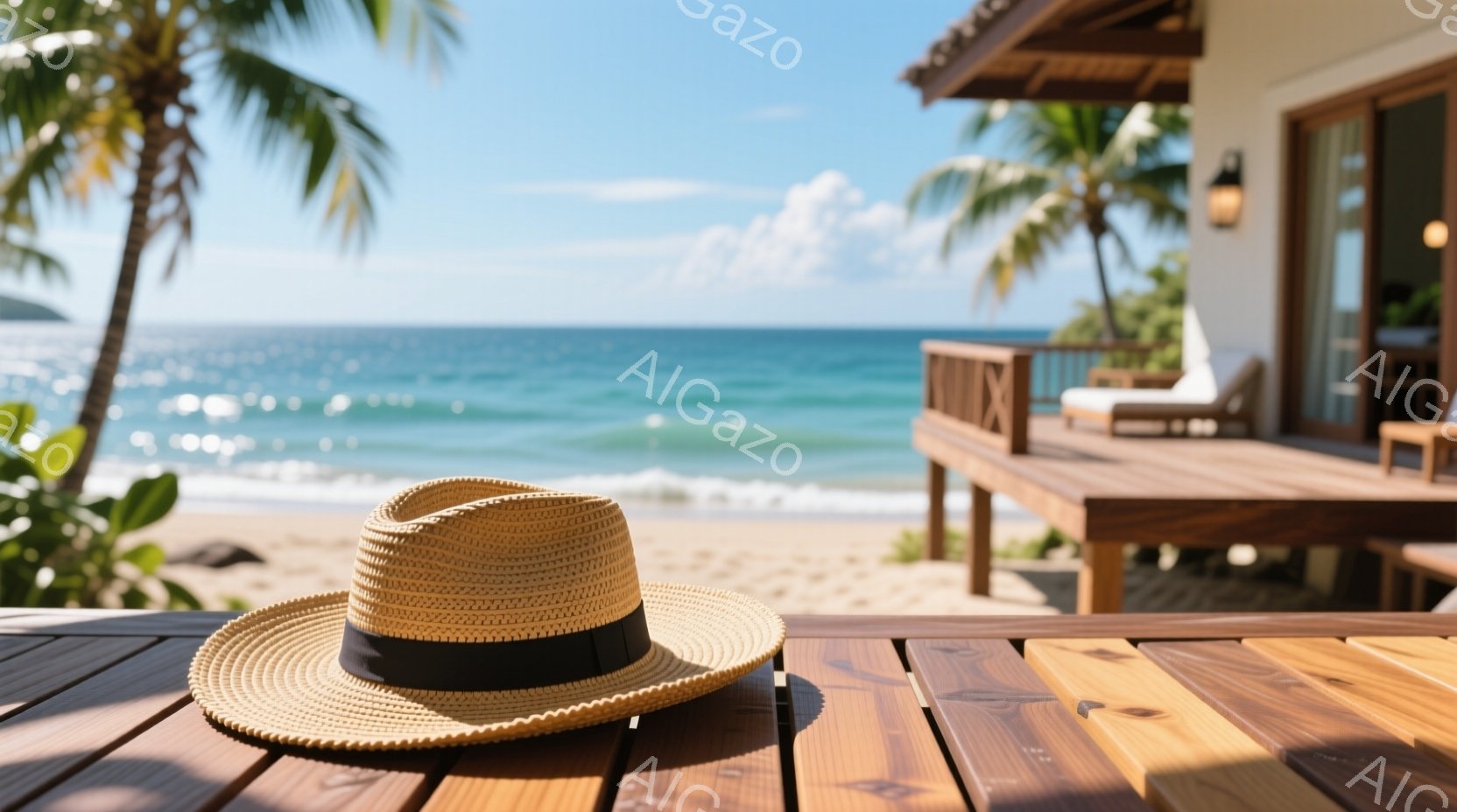 白いシャツと黒いスカートを身に着けた女性が、プールの縁に座って膝を抱えています。彼女は目を閉じており、リラックスした表情をしています。背景には青い海と澄んだ空が広がり、穏やかで平和な雰囲気を醸し出しています。