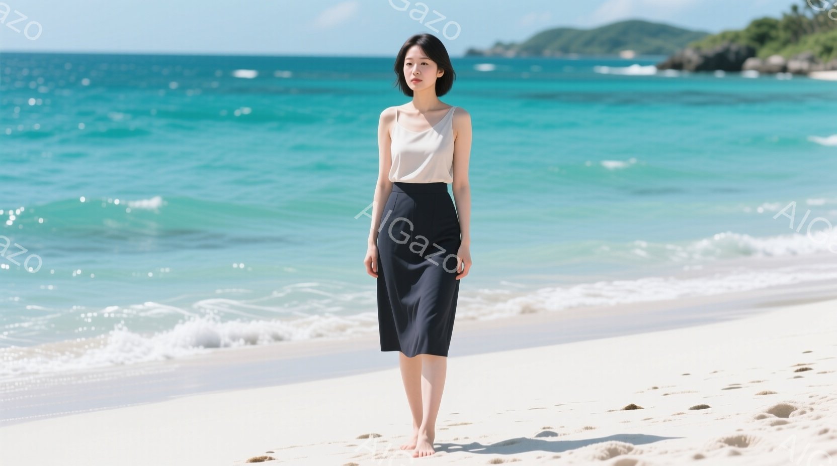 モデルは、明るいベージュのキャミソールとダークブルーのミモレ丈スカートを身に着け、砂浜で立っています。彼女は足が隠れていない状態で、リラックスした姿勢で正面を見つめており、落ち着いた表情をしています。背景には、ターコイズブルーの海と白い砂浜が広がり、穏やかで晴れた天候が感じられます。