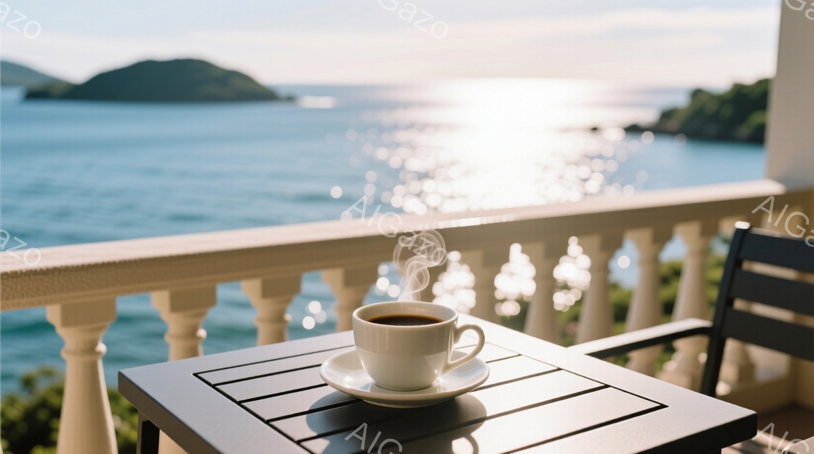 白いカップに入った湯気が立ち上るコーヒーが、ベランダの黒いテーブルに置かれている。背景には青い海と緑豊かな島々が広がり、太陽の光が水面に反射してキラキラと輝いている。穏やかな時間と開放的な景色が感じら - AI生成フリー素材