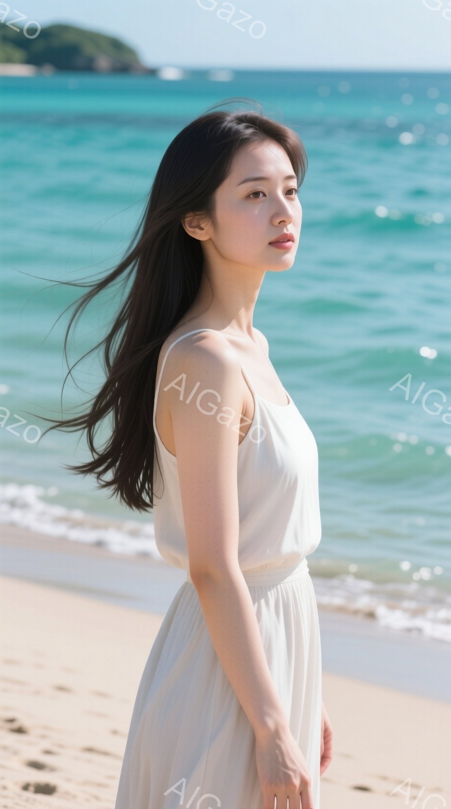 長い黒髪が風になびき、オフホワイトのキャミソールワンピースを着た女性が砂浜に立っています。彼女は横を向き、遠くを見つめ、穏やかな表情を浮かべています。背景には青い海と空が広がり、晴れた日の穏やかな雰囲気が漂っています。
