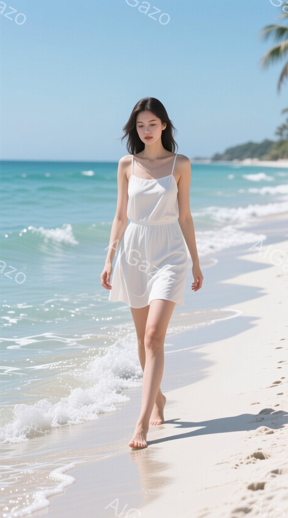 白いキャミソールワンピースを着た女性が、白い砂浜を裸足で歩いている。彼女は黒髪で、わずかに微笑んでおり、穏やかな表情をしている。背景にはターコイズブルーの海とヤシの木が見え、晴天で明るい夏の日の穏やかな雰囲気を醸し出している。