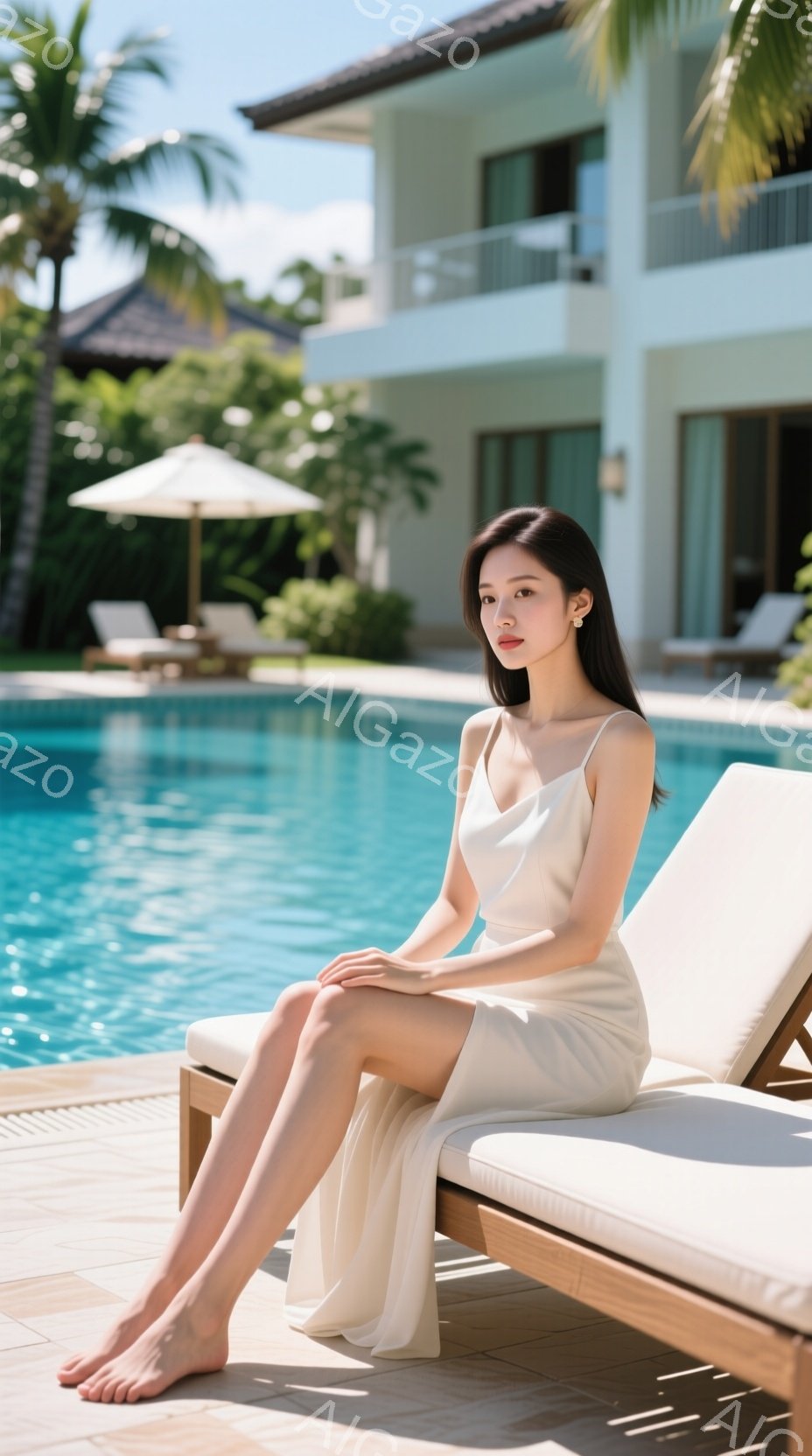 長いストレートヘアの女性が、プールサイドのデッキチェアに脚を組んで座っています。クリーム色のサテンのようなドレスを着ており、表情は穏やかで、わずかに微笑んでいます。背景には青いプールと白い建物、そしてヤシの木が生い茂り、晴天でリラックスした雰囲気を感じさせます。