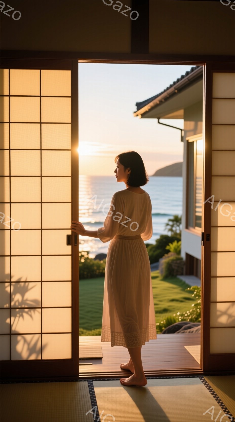 白いワンピースを着た女性が、障子戸を開けて外を眺めている。彼女は後ろ姿で、黒髪のボブカット、素足で畳の上に立っている。背景には緑豊かな芝生と海が広がり、夕焼けの光が暖かく照らしている、穏やかで静寂な雰囲気が漂う。