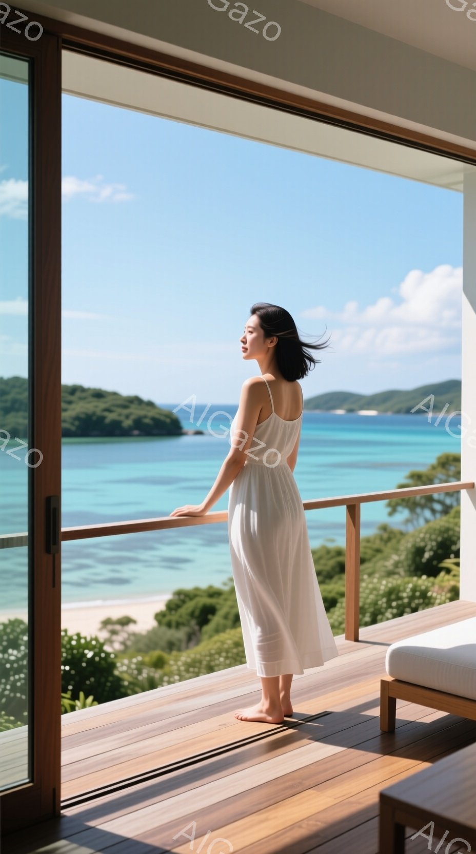 白いキャミソールワンピースを着た女性が、バルコニーの手すりに寄りかかり、碧い海を眺めている。彼女は黒髪で、後ろで軽くまとめており、横顔は穏やかでリラックスした表情を浮かべている。背景には、緑豊かな自然とターコイズブルーの美しい海が広がり、晴天の下、穏やかな時間が流れている様子がうかがえる。