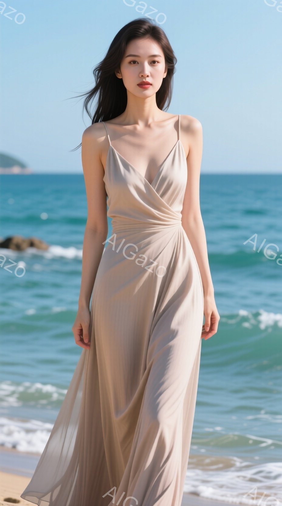 長いベージュ色のドレスを着た女性が、砂浜で立っています。ドレスは肩紐で支えられ、スカート部分はふんわりと広がっています。背景には青い海と空が広がり、穏やかな日差しが女性を照らしています。