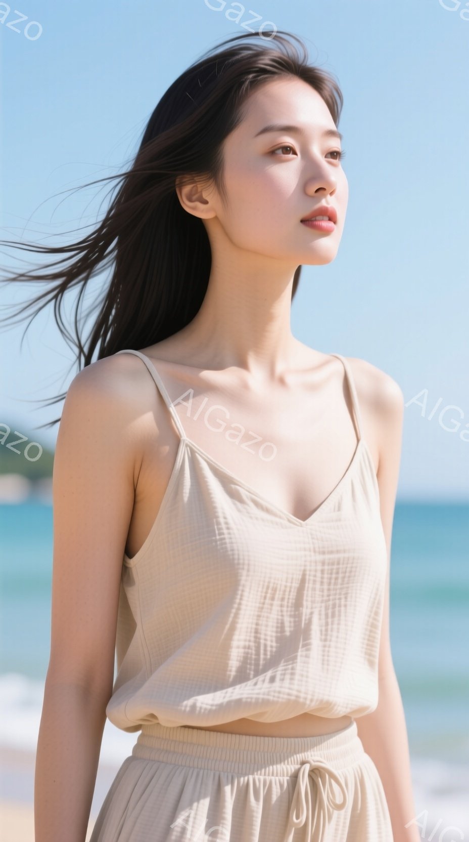 長い黒髪が風になびき、ベージュ色のキャミソールとスカートを身につけた女性が写っています。彼女は少し横を向き、穏やかな表情で遠くを見つめています。背景には青い海と空が広がり、夏らしい爽やかな雰囲気が漂っています。