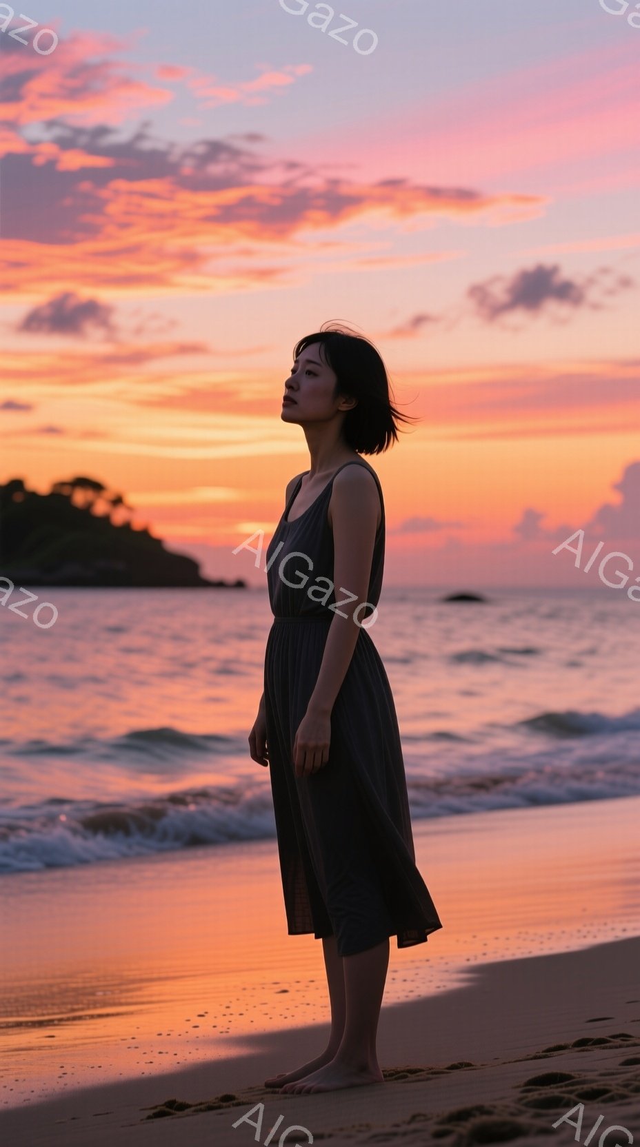 夕焼けのビーチで、女性が横を向いて立っている。彼女はダークグレーのゆったりとしたワンピースを着ており、髪は肩のあたりでカットされた短いボブスタイルである。背景には、オレンジとピンクの色合いが混ざり合った美しい夕焼け空と穏やかな海が広がっており、全体的に静かで穏やかな雰囲気を醸し出している。