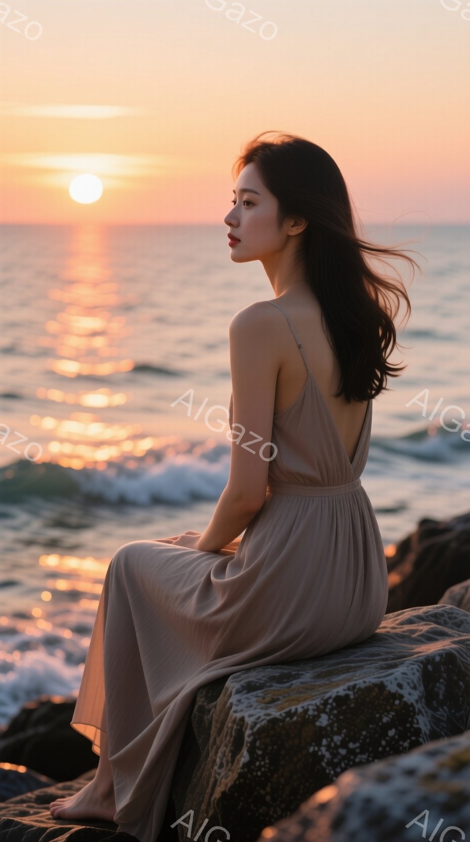 長い黒髪を風になびかせ、ベージュ色のゆったりとしたワンピースを着た女性が岩の上に座っています。彼女は横顔で、穏やかで物憂げな表情を浮かべており、夕焼けに照らされた海を眺めています。背景には夕焼け空と荒々しい海が広がり、夕暮れ時の静寂でどこか物悲しい雰囲気が漂っています。